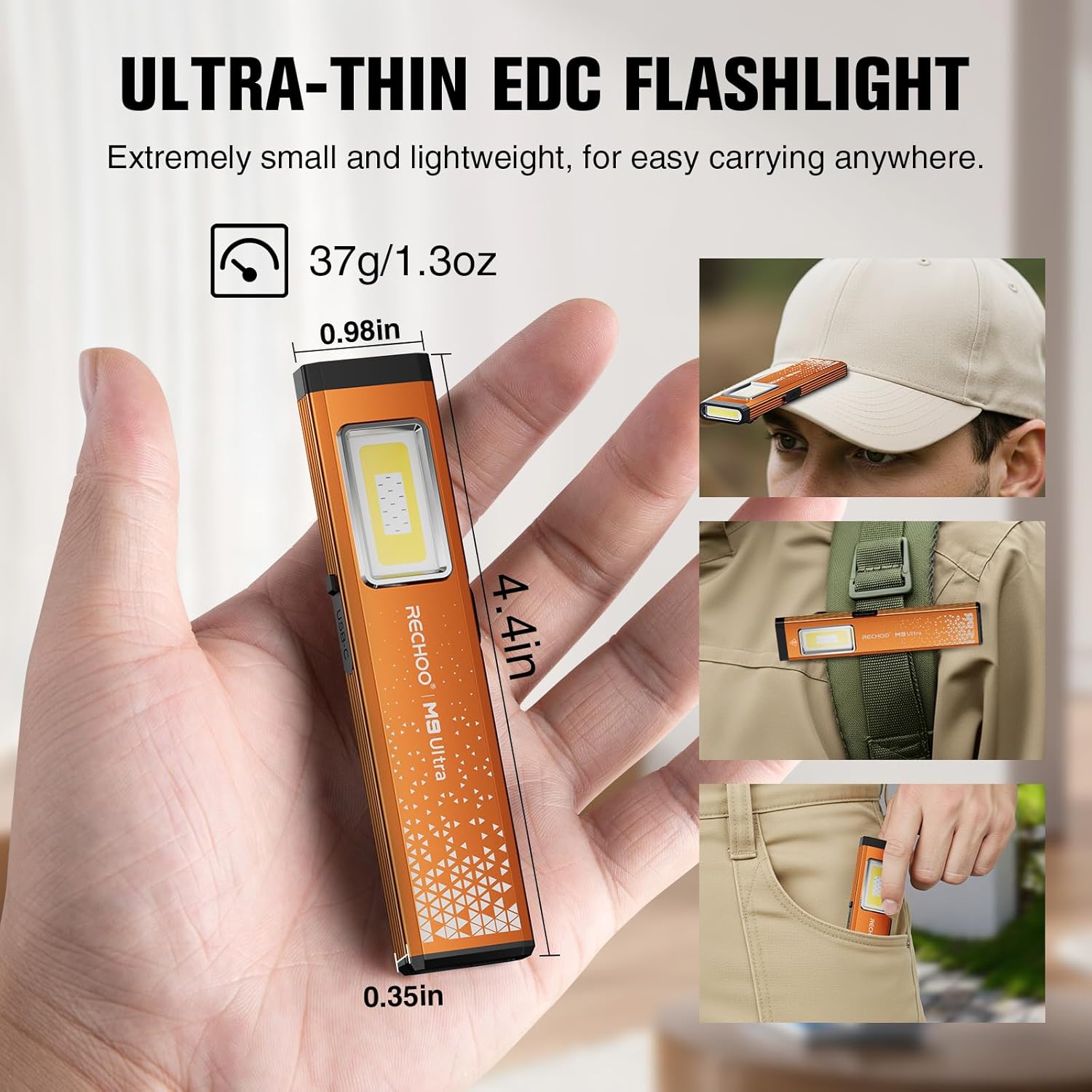 RECHOO Flat EDC Flashlight Rechargeable, 8-Mode Slim Pocket Flashlight with Magnetic Base & Clip, Lightweight Mini Rechargeable Flashlights for Everyday Carry, Working, Camping, Car Repair & Emergency