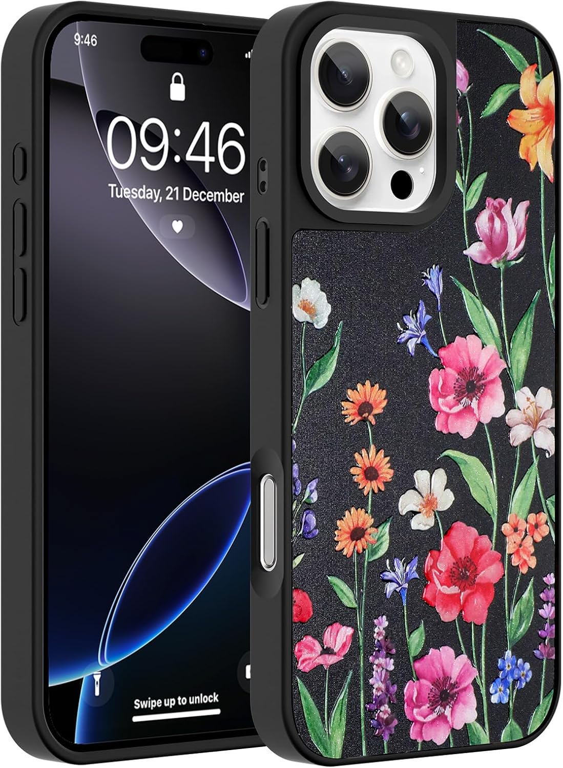 for iPhone 16 Case Glitter Floral Design for Women, Cute 3D Flowers Pattern Aesthetic Shockproof Protective Hard Shell Wireless Phone Cover, Matcha