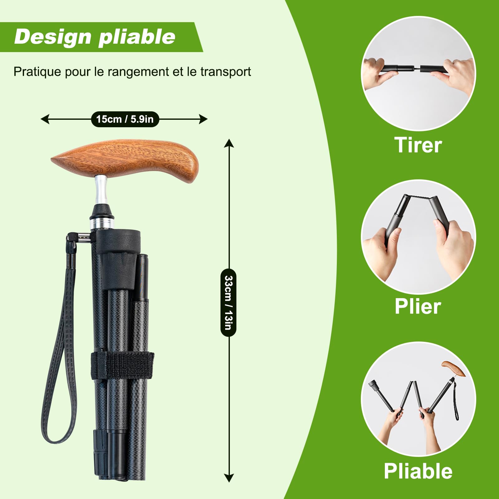 Canne de Marche en Fibre de Carbone Légère avec Sac de Transport, Embout en Caoutchouc Antidérapant et Amortisseur (2 Embouts de Rechange Inclus), Pliable et Réglable en Hauteur