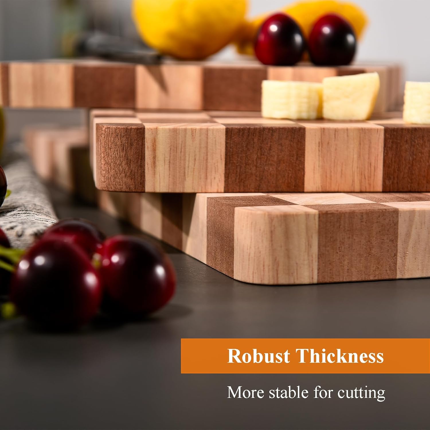 Wood Cutting Board Set for Kitchen, 3-Piece Set Checkered Chopping Board with Juice Groove& Handles Extra Large Thick Wooden Board for Meat Vegetables Fruit Ideal Gift for the Home