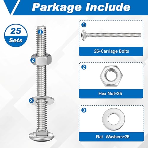 Miniatura 31 de Zonon Juego de 50 tornillos y tuercas de acero inoxidable de 1/4-20 x 3 pulgadas, cabeza redonda, cuello cuadrado, tornillos y tuercas hexagonales