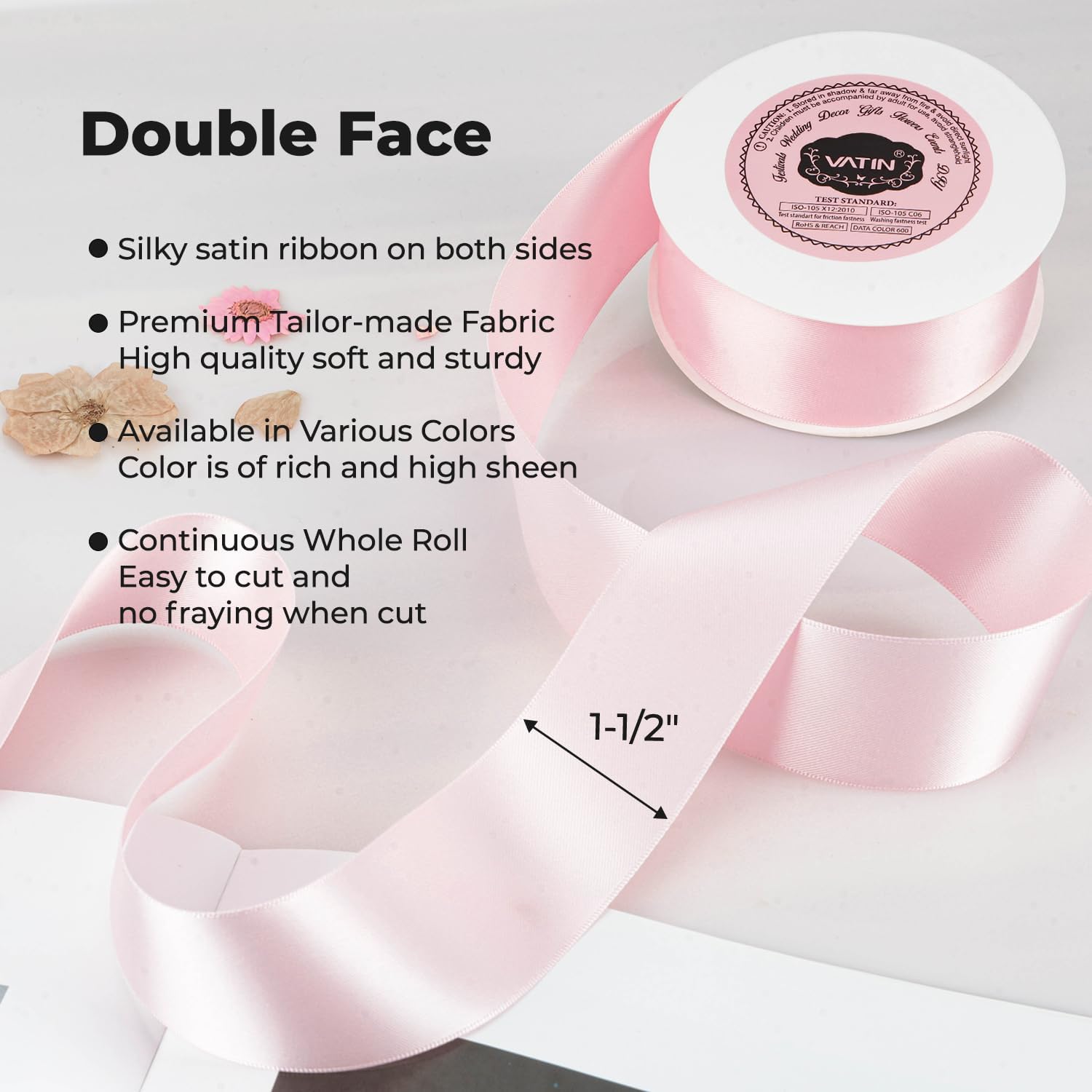 VATIN Double Face Light Pink Satin Ribbon 1-1/2" Continuous 50 Yards,Pink Polyester Fabric Ribbon use for Bows Bouquet, Gift Wrapping, Floral Arrangement Wedding Decoration