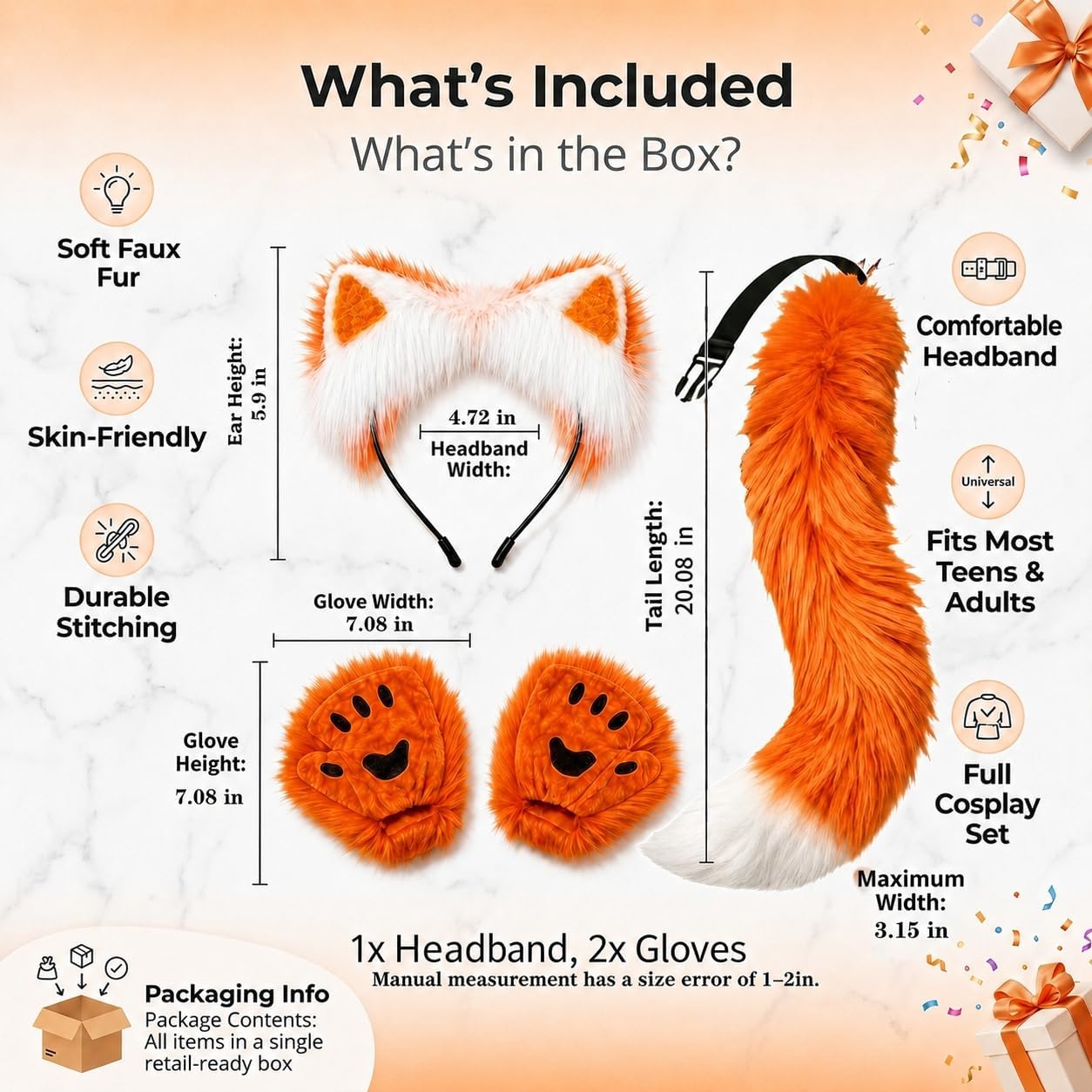 Faux Fur Cat Wolf Fox Ears Headband Tail and Paw Gloves Set Cosplay Halloween Costume Accessories