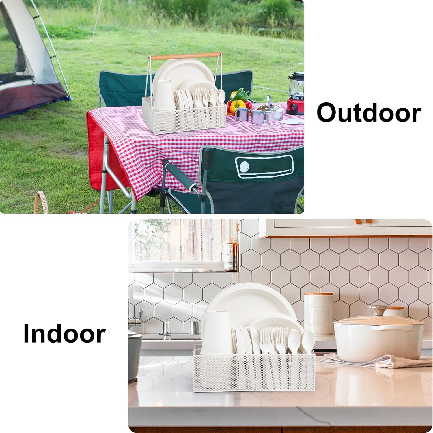 Paper Plate Organizer with Handle for Countertop, Metal Silverware Caddy for Cup, Napkin, Fork and Spoon, Paper Plate and Utensil Holder, Cutlery Caddy for Party, Camping, Picnic (White)