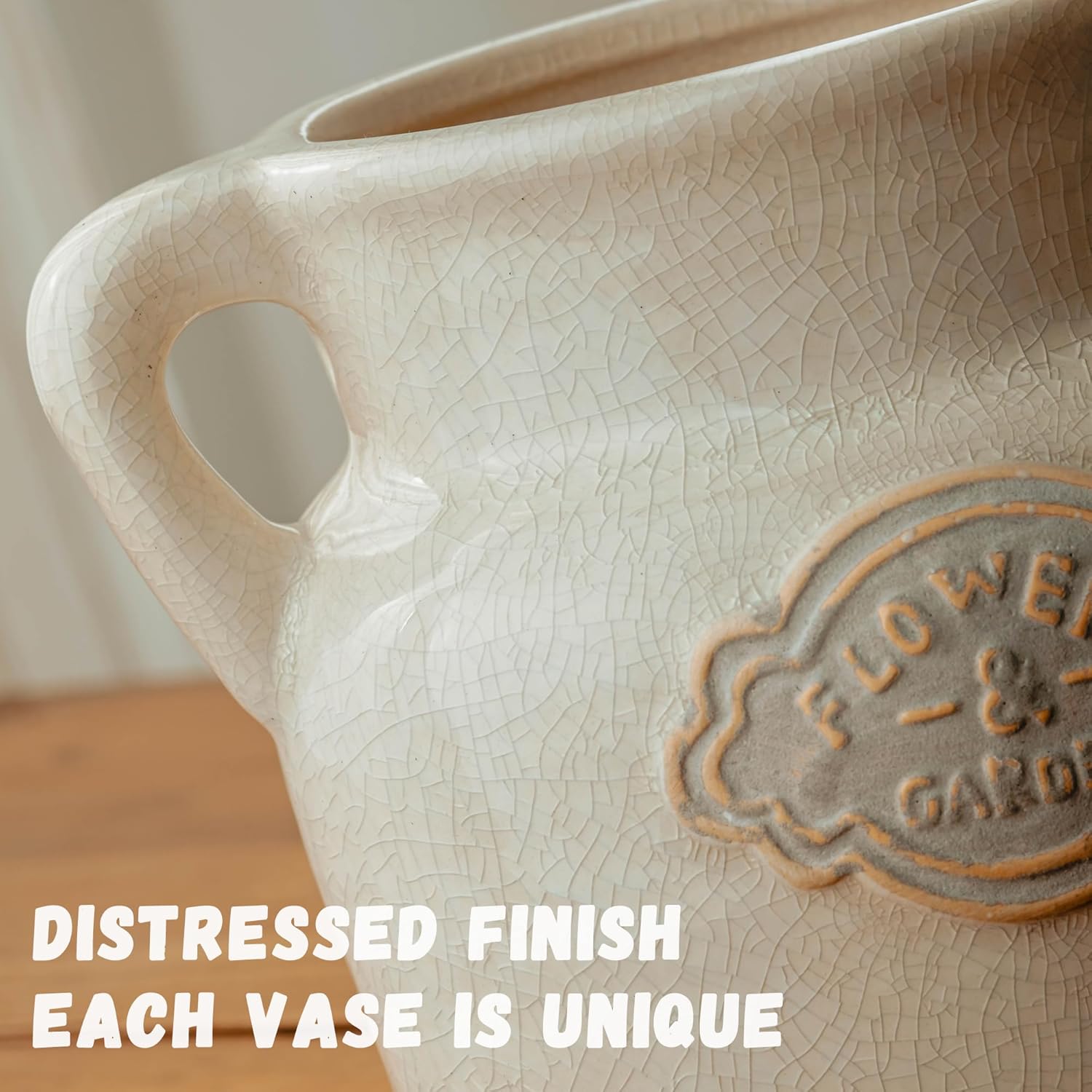 Rustic White Ceramic Vase, 5.8 Inch Vintage Flower Vases with Handle, Farmhouse Distressed Decorative Vases for Home Decor, Wide Mouth Vase for Living Room Bedroom Table Shelf Decorations - Image 6