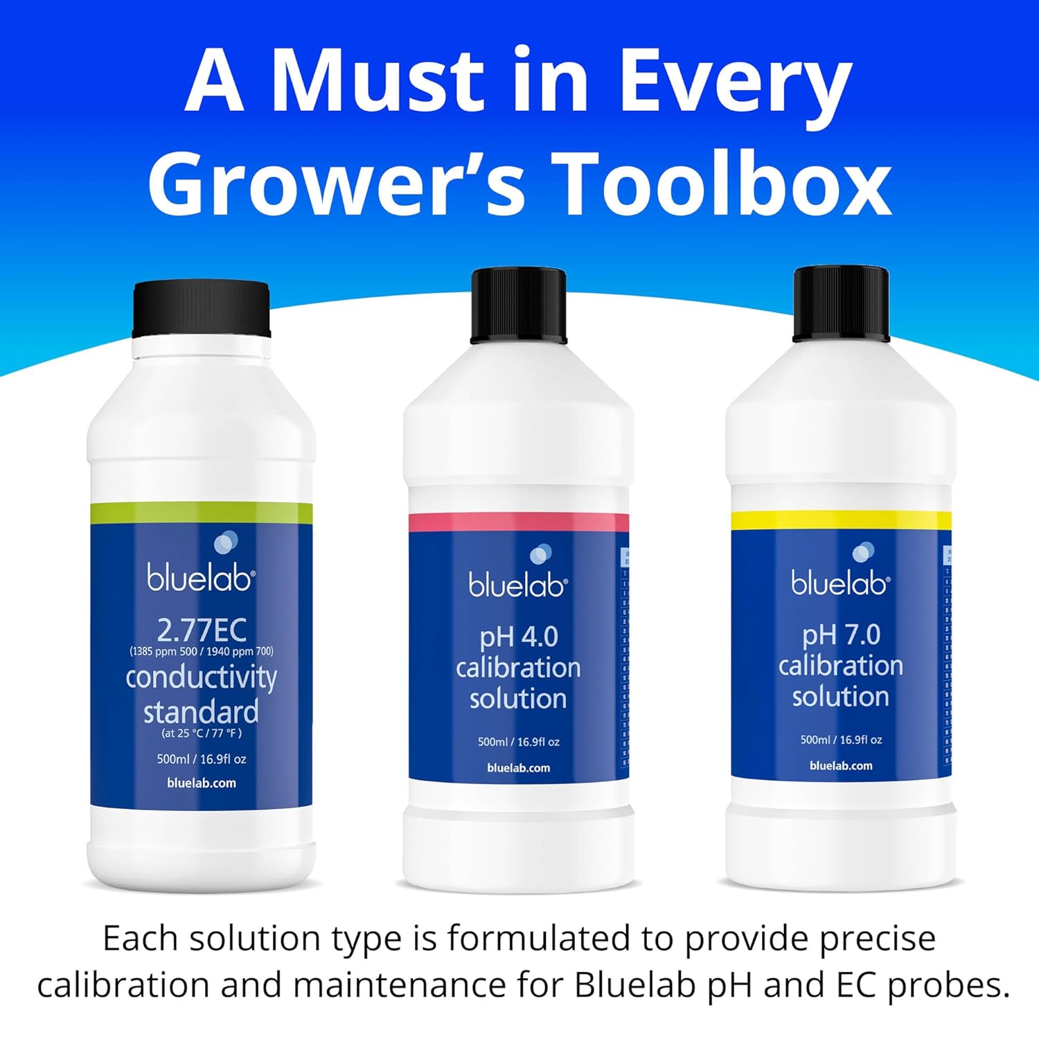 Bluelab Calibration Solution pH 4.0, 7.0 and 2.77 EC Conductivity Solution, 500 ml Each