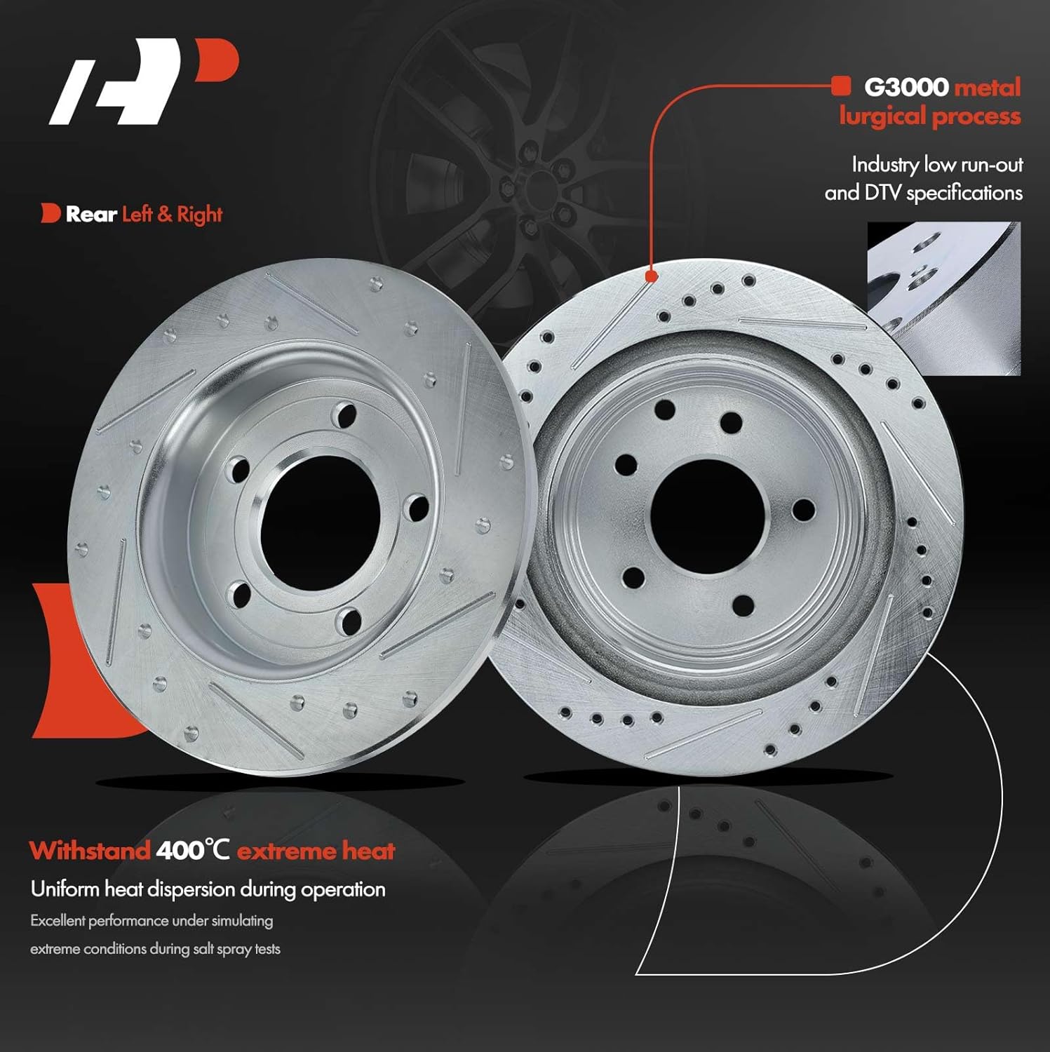 A-Premium 10.43 inch (265mm) Rear Drilled and Slotted Disc Brake Rotors Compatible with Select Mazda Models - 3 2004-2013 L4 2.0L, 2-PC Set