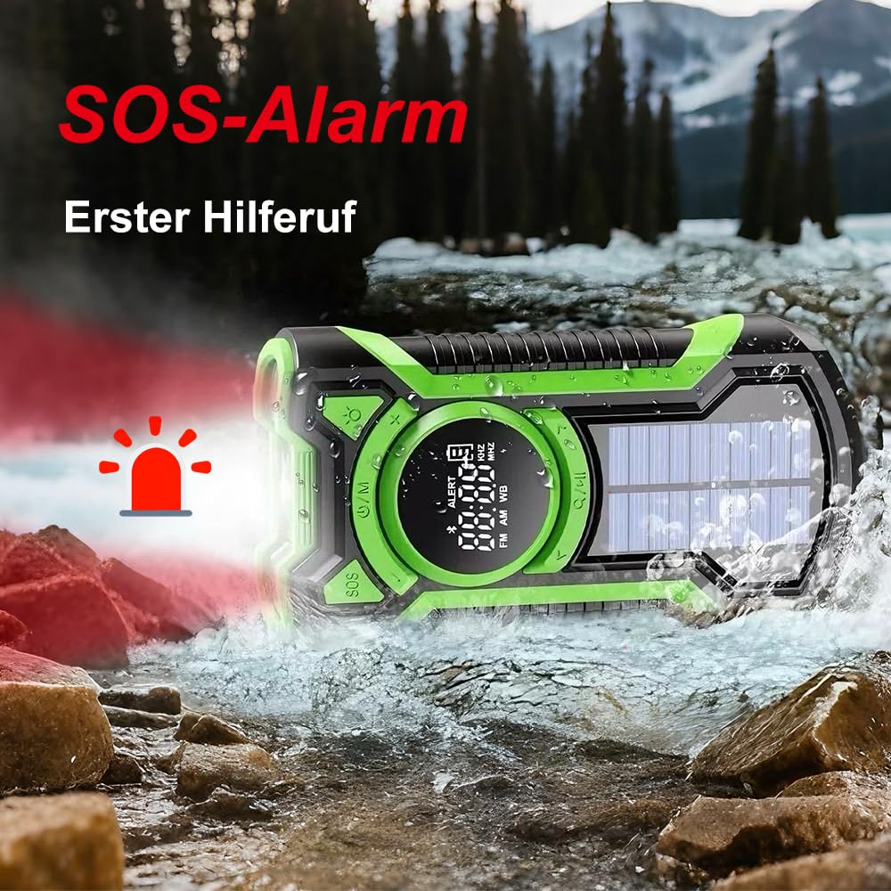 Kurbelradio Solar Radio FM AM, RadioBatteriebetrieben 5000mAh mit Bluetooth & ATS, Wasserdichtes Notfallradio mit LED-Taschenlampe, SOS-Alarm für Stromausfall und Outdoor