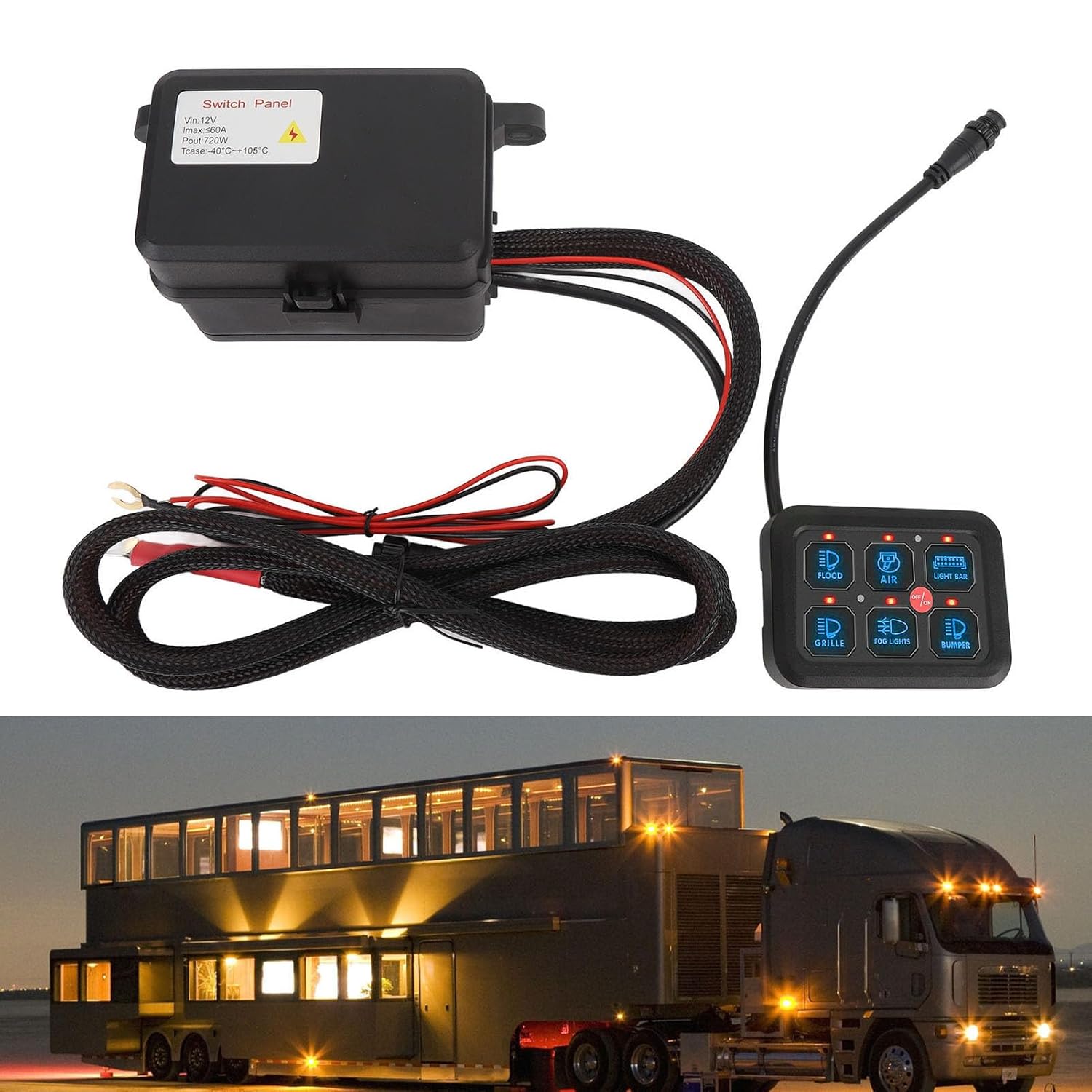 6 Gang Switch Panel, Aluminum Shell, Dimmable Control Box, 720W 60A for Car Boat ATV (Blue Light)