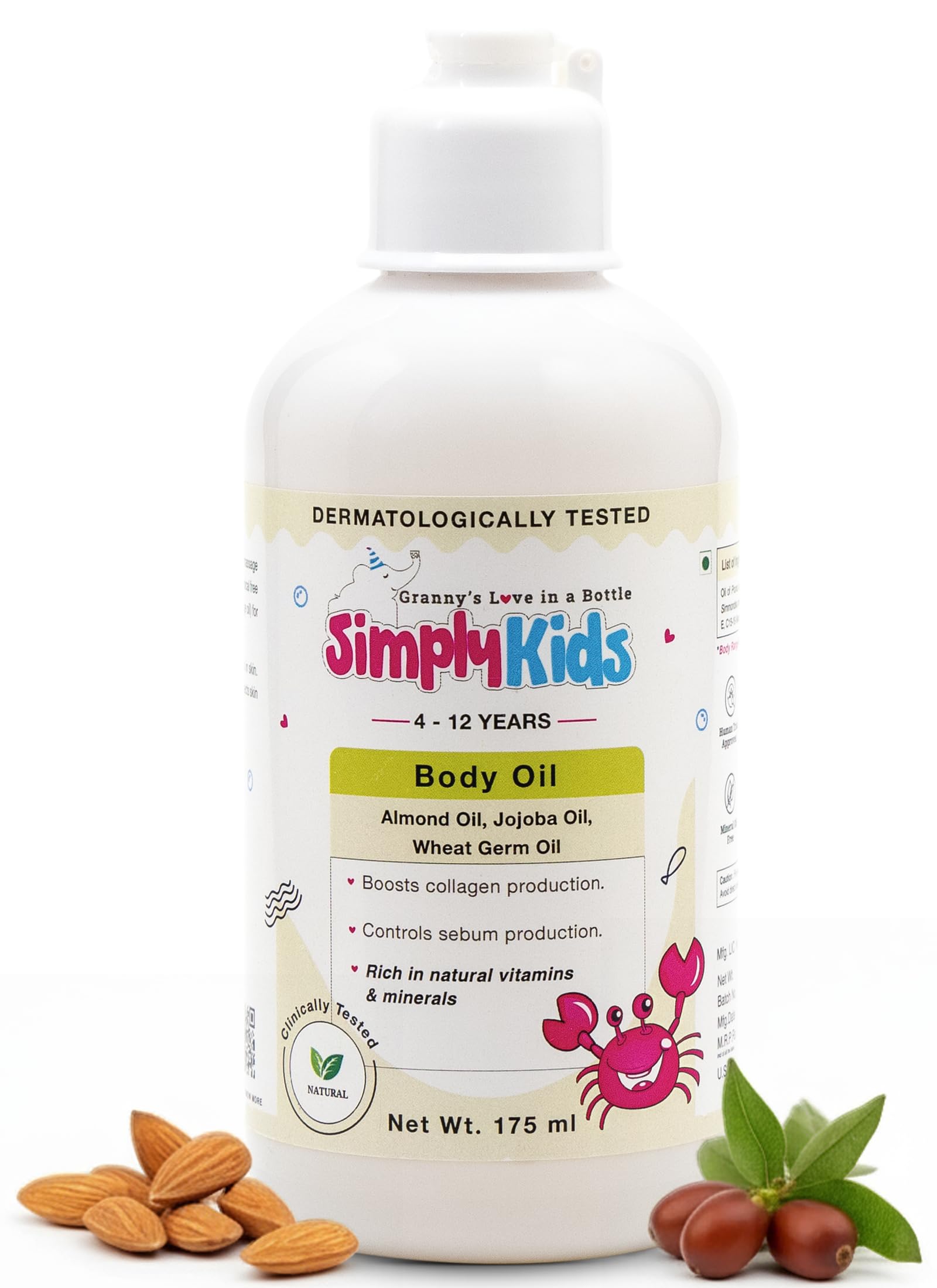 Body Oil for 4-12 Years | 6 Coldpressed Oils Including Almond, Wheat germ, Olive Oil & Vitamin E | Deep Nourishment & Hydration | Protects Skin from Sun Damage & Infections | Natural Ingredients, No Harmful Chemicals | Safe for All Skin Types | 175ml