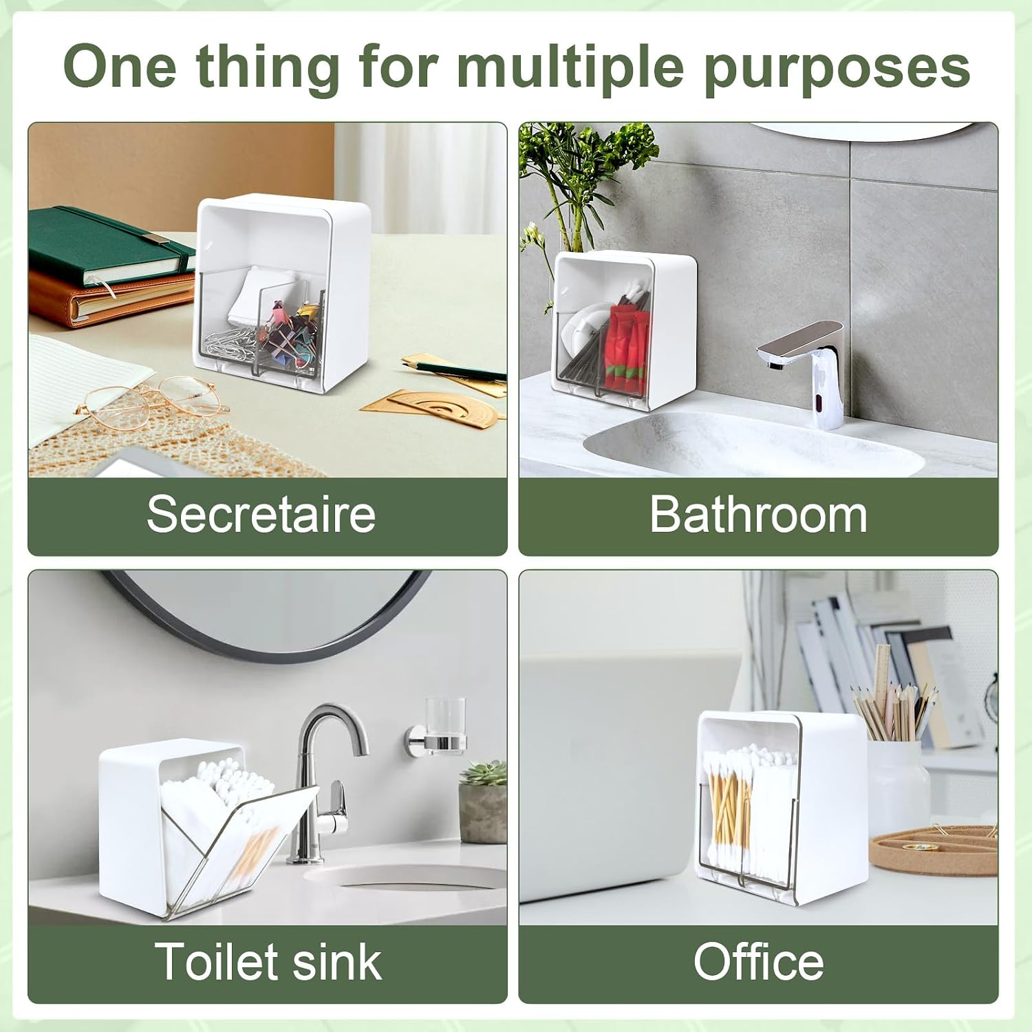 Qtip Holder with 2 Compartments, Clear Bathroom Set, Vanity Countertop Storage Organizer for Swab, Round Pads, Plastic Floss Pick Holder, White