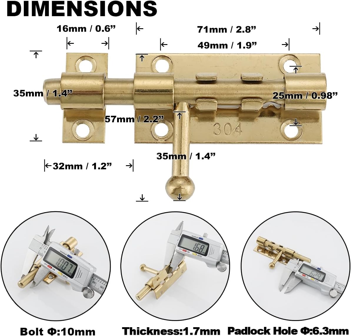Barrel Bolt Door Latch With Padlock Hole, Thickened 304 Stainless Steel Slide Door Lock, 4 Inch Gold, 2 Pack, 224BB-GO-2