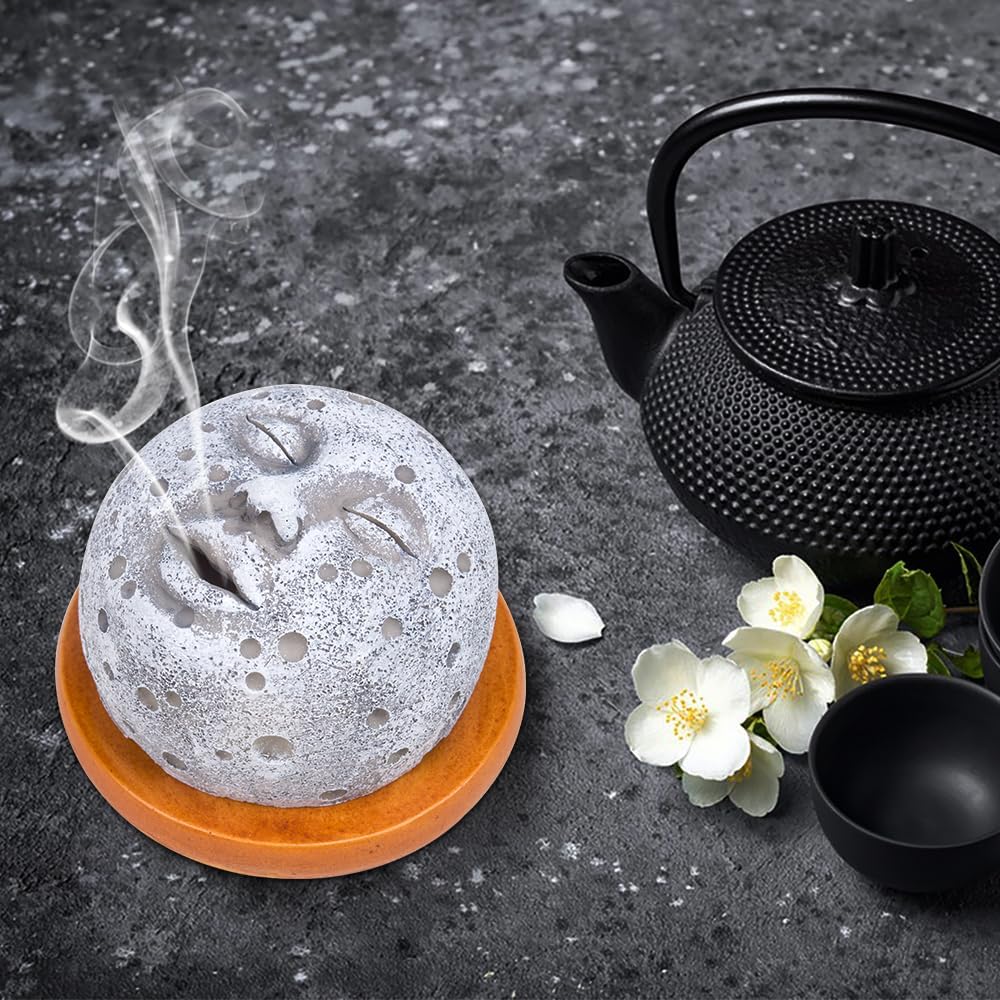 ZORZA 1Pcs Cute Moon Incense Burner Unique Moon Face Incense Holder Cone Coil Incense Burner Funny Home Decor and Aromatherapy Waterfall Effect for Meditation Relaxation