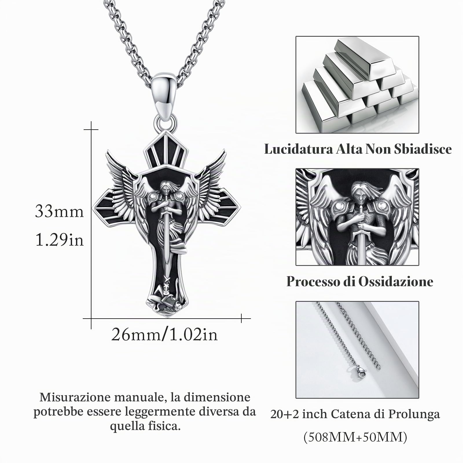 Collana in argento Sterling 925 con ciondolo a forma di santo patrono, amuleto, gioiello per uomo e donna, con catena in acciaio inox, 33mm * 26mm, Argento sterling