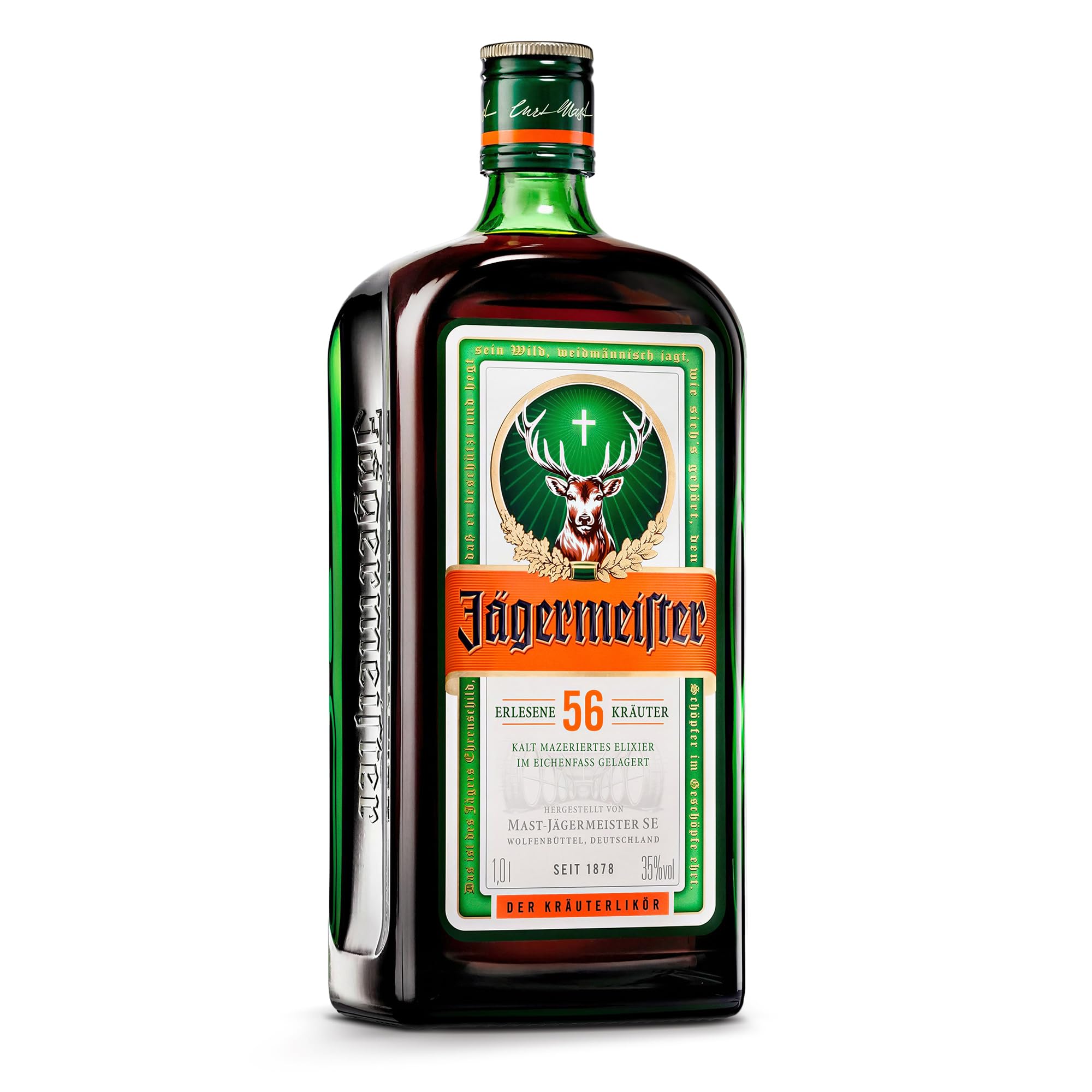 Jägermeister – 1 x 1l Premium Kräuterlikör 35% Vol. aus 56 erlesenen Kräutern – Im Eichenfass gelagert – Das Original aus Wolfenbüttel