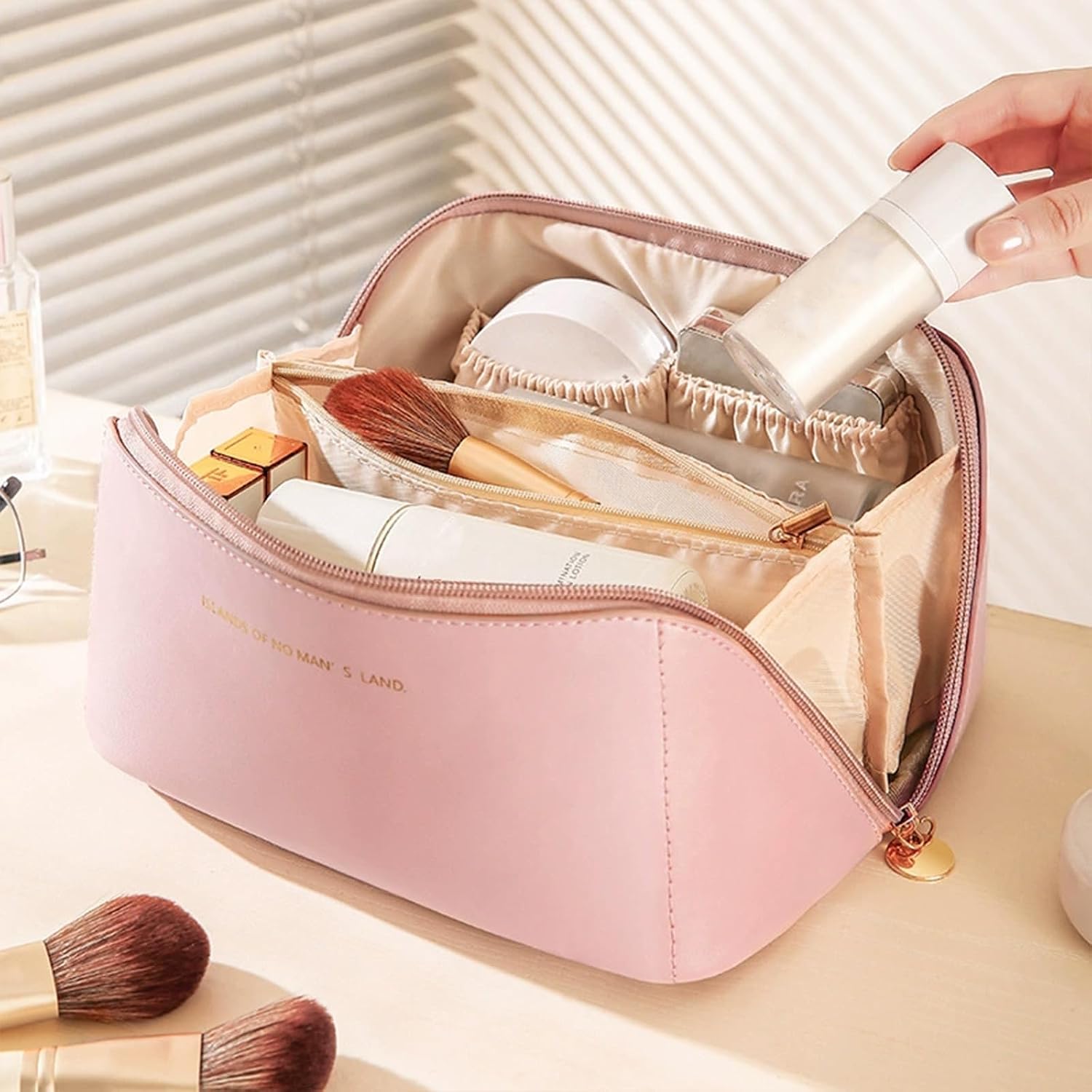 Women's Large Cosmetic Bag, Travel Make Up Bag, PU Leather Makeup Bag, Portable Makeup Bag, Waterproof Toiletry Bag, Square Make Up Bag, Cosmetic Bag with Separator and Handle (Pink) image 2
