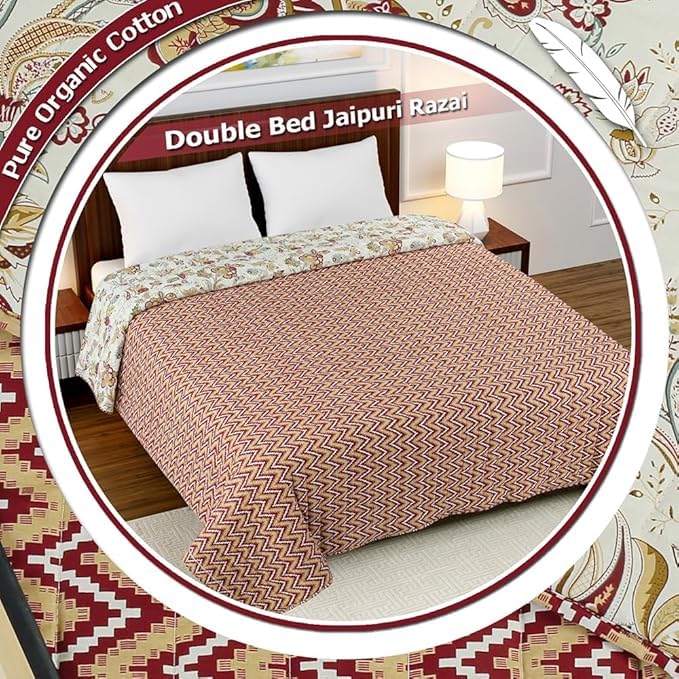 Image of SANMARINO Jaipuri Razai Single Bed Reversible Cotton Quilt | Traditional Ethnic Floral Print Dohar | Lightweight AC Comforter with Pure Cotton Filling | All-Season Blanket (Deep Maroon)