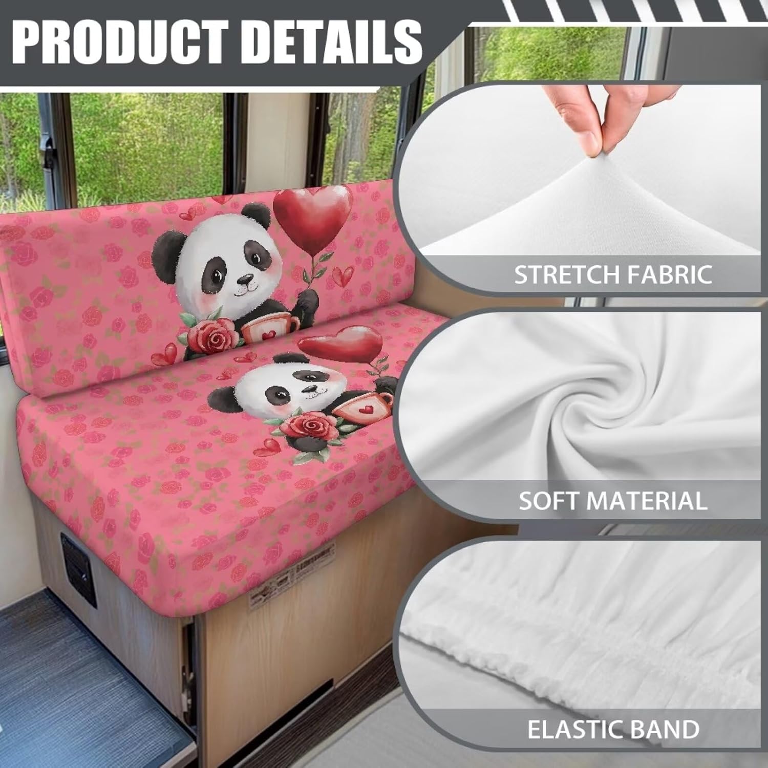 Rv Dinette Cushion Covers Set of 2 Valentine's Day Panda Slip Covers for Rv Furniture Smooth Printed Camper Cushion Slipcover for Sofa, Couch, Bench, RV Seat