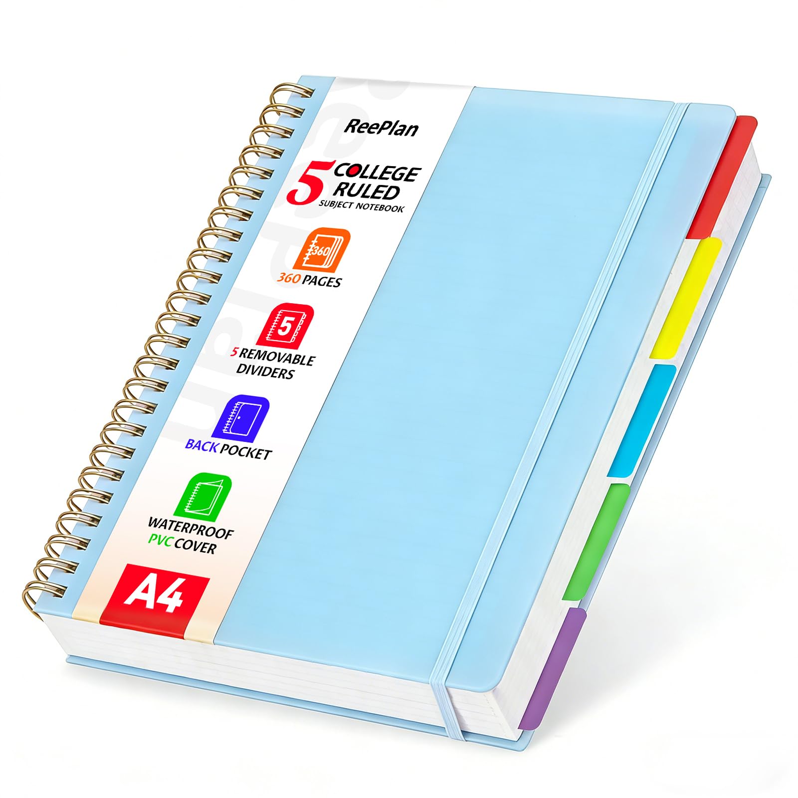 ReePlan 360 Pages A4 Spiral Notebook, 5 Subject Notebooks College Ruled, 100 GSM Thick Paper Lined Journal, Large Note Book with Removable Dividers for School, Office, Work and Writing (Blue)