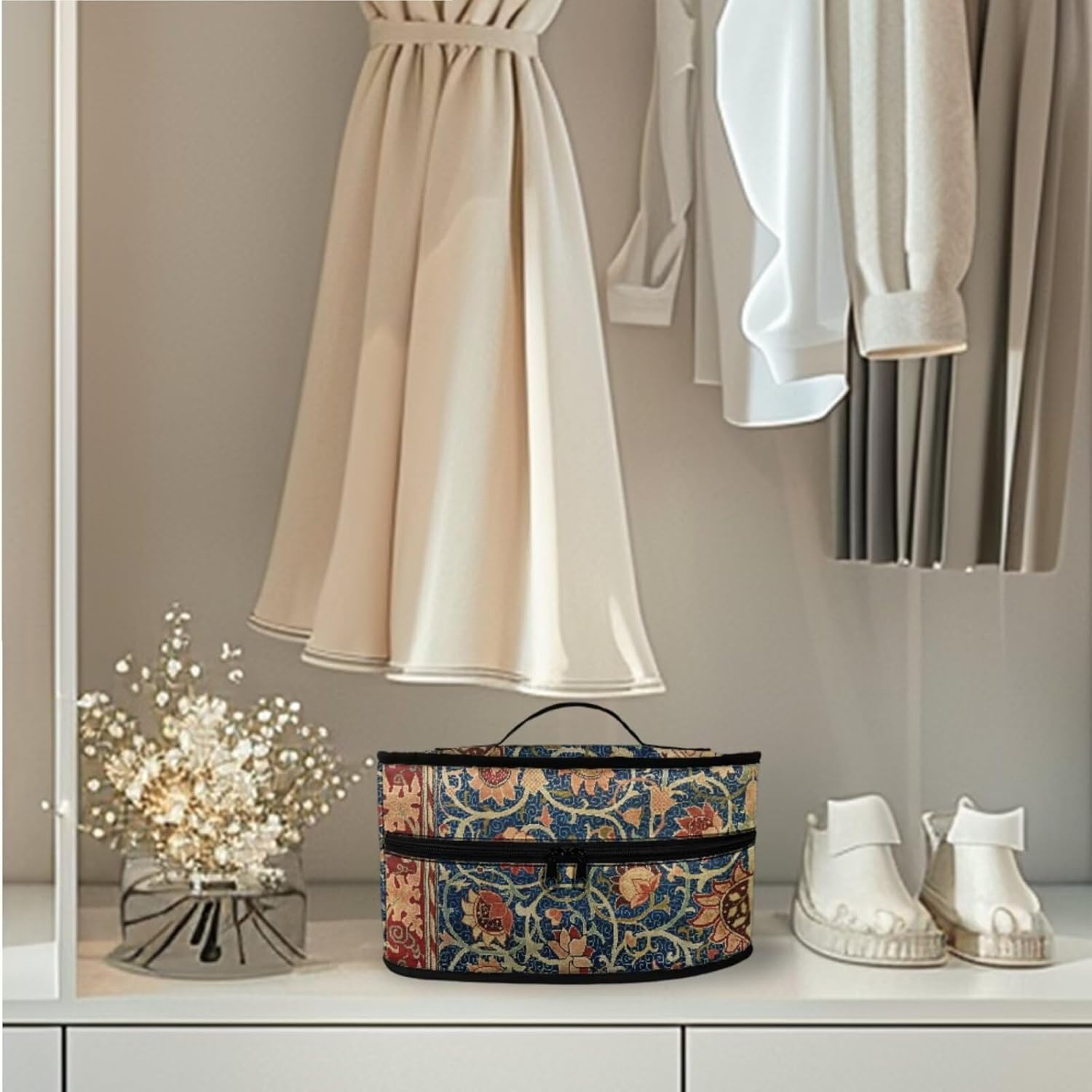William Morris Works Print 2 in 1 Ironing Board Cover with Fasteners & Iron Carry Case Set - 15x48 Wear-Resistant Material with 3 Straps + Zipper Travel Bag for Full-Size Steam Irons