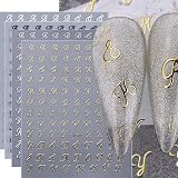 XMMXNBJ 8 Sheets Vintage English Letter Nail Decals, Gold, Silver, Black, White 3D Self-Adhesive Nail Stickers for Nails Art Decoration