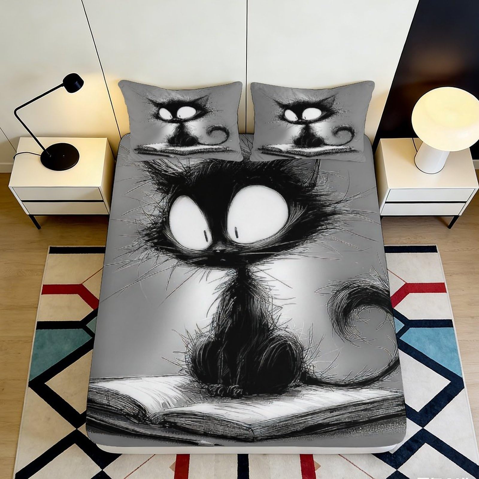 Jqzkxnhpbr Style-6 3D Printed Black Cat Art Fitted Sheet Microfiber Soft Cartoon Eyes Mattress Cover For Bedroom Dorm Decor 90X200x25cm