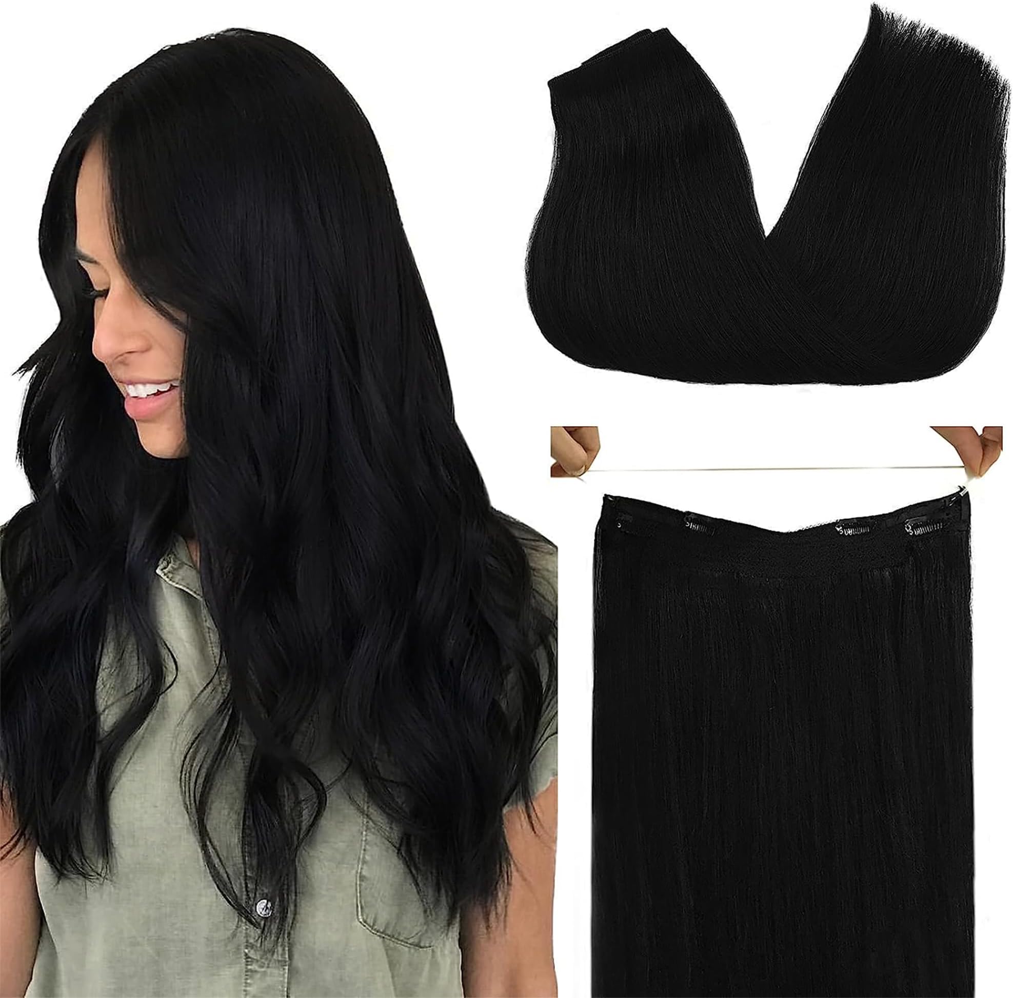 Wire Hair Extensions Human Hair, 1 Jet black Natural 18inch 95g, Invisible Wire Hair Extensions with Transparent, Seamless Fish Line Hairpiece