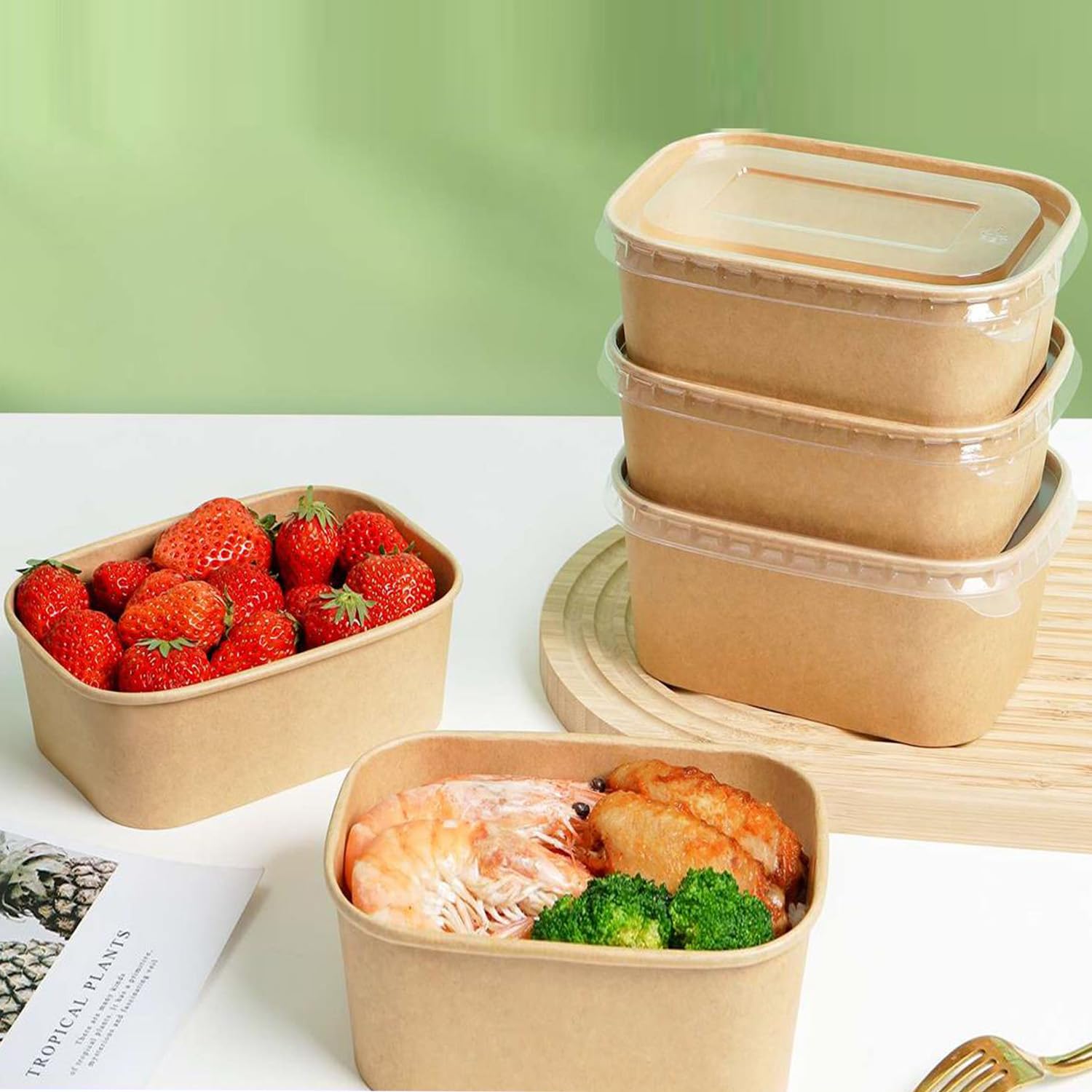 20 pcs Carton à Salade, Emballage à Emporter, Récipients Alimentaires Réutilisables, Boîtes Alimentaires Rectangulaires, Résistant à l'Eau, à l'Huile (Avec Couvercle, 750ml)