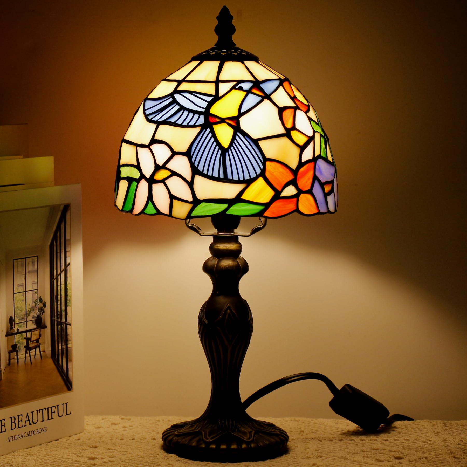 TCODTPOL Small Tiffany Stained Glass Table Lamp,Hummingbird