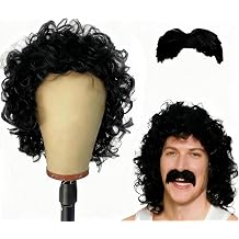 2 Pcs Curly Wig Set - Men's Wig & Beard Combo, Realistic Black Mens Afro Wig, Retro 60s/70s/80s Disco Pop Hippy Rock Costume, Funky Afro Wig, Synthetic Material
