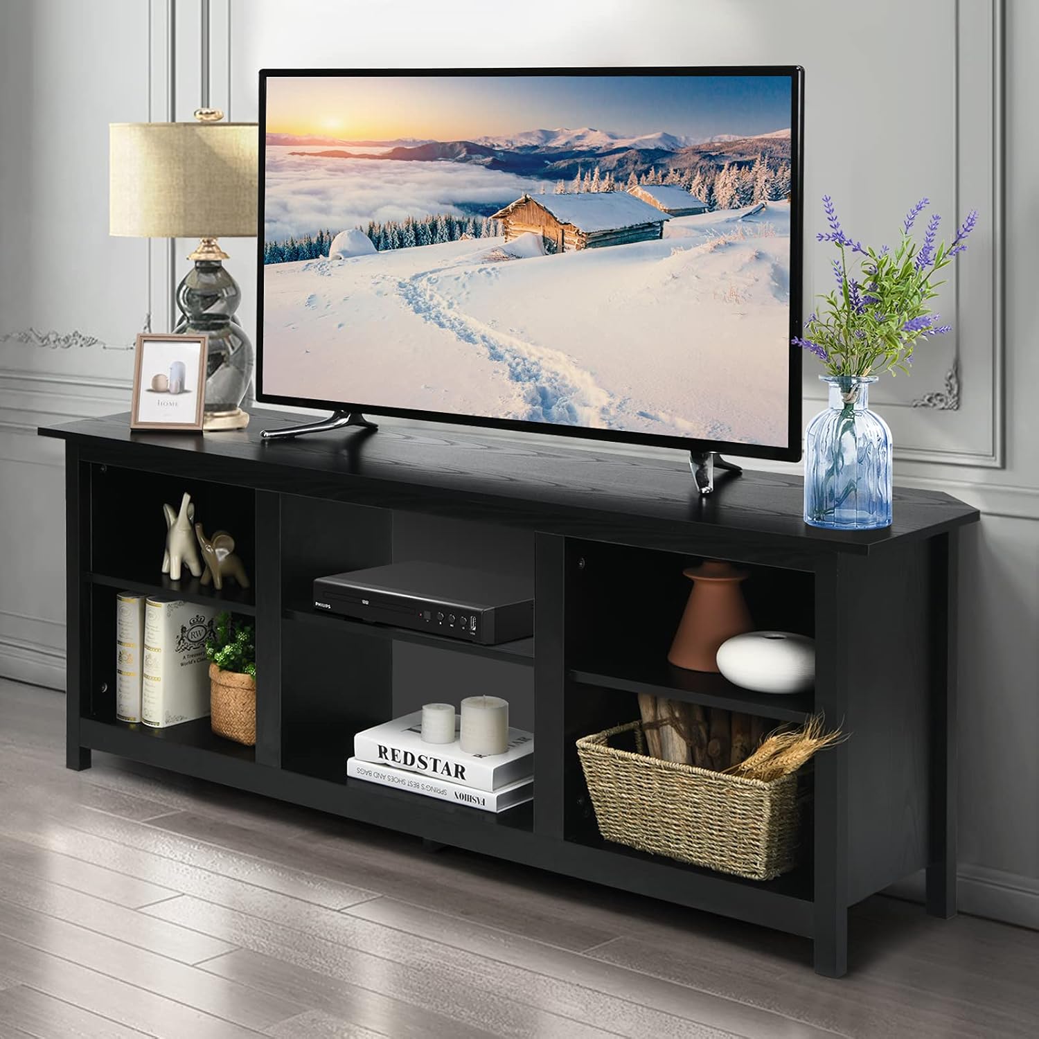 TV Stand for TVs up to 65", Wood Console Table with 6 Open Storage Shelves, Fireplace Stand for Living Room, Bedroom (Black)
