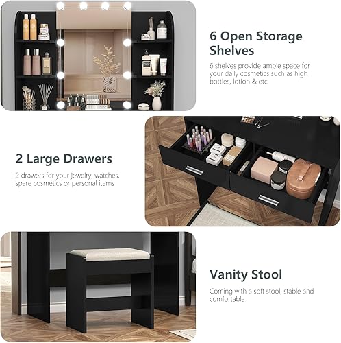 Miniatura 14 de usikey Juego de tocador grande con espejo iluminado y estación de carga, tocador de maquillaje con 4 estantes de almacenamiento y 4 cajones, 43.5"W