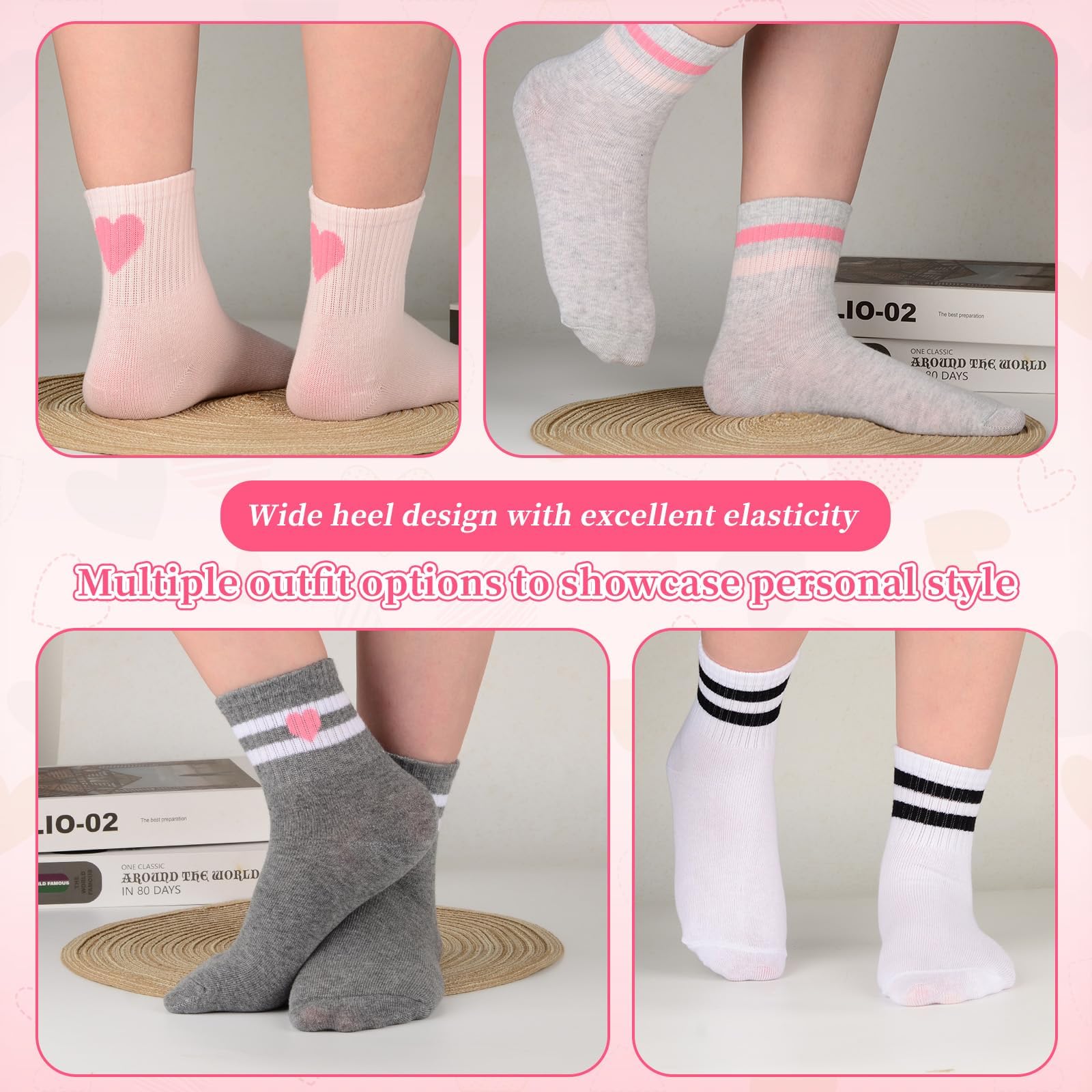 Lot de 6 paires de chaussettes de sport en coton pour enfants avec rayures mignonnes cœurs, chaussettes extensibles pour filles et garçons de 3 à 12 ans
