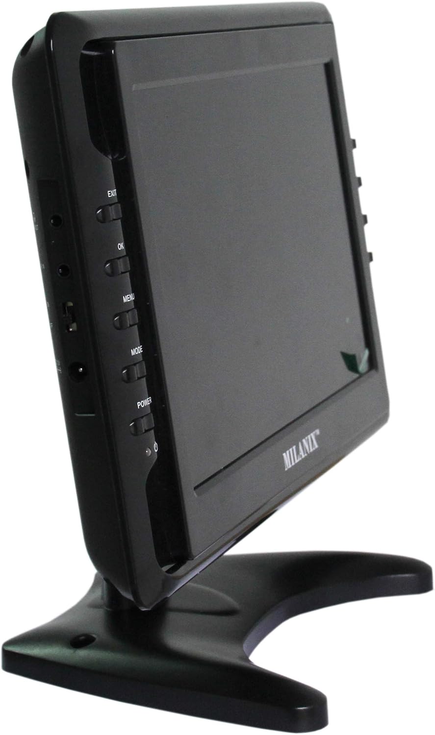 Side view of the MILANIX MX10 Portable TV showing control buttons: Exit, OK, Menu, Mode, and Power.