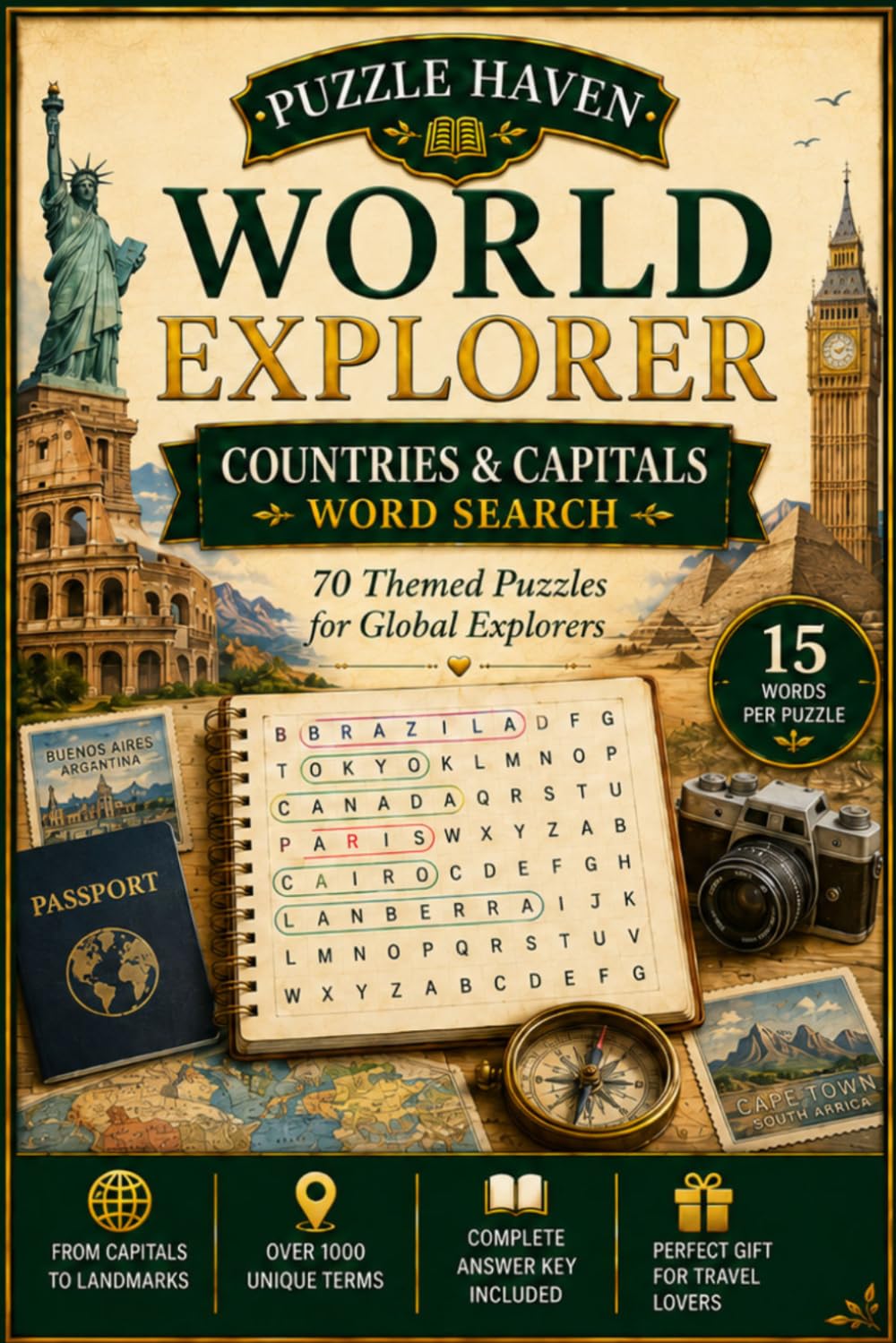 Countries & Capitals Word Search for Adults: 70 Themed Puzzles: Educational Activity Book for Geography Lovers — 15 Words Per Puzzle, Over 1,050 Words to Find, Complete Answer Key