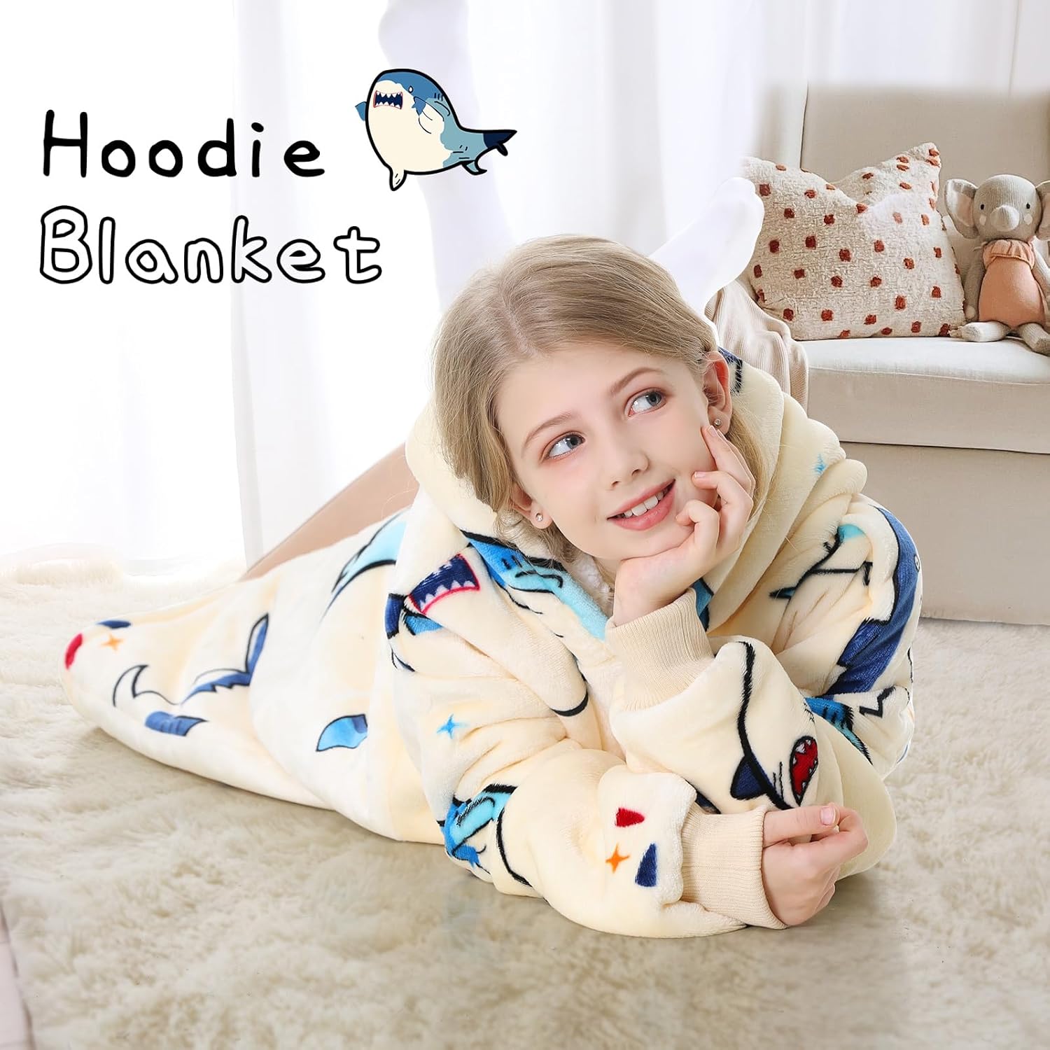 Aemicion Kids Wearable Blanket Hoodie-Shark Plush Hooded Blanket with Pockets, Cozy Fleece Sherpa Blanket as Gift for 6 7 8 9 10 12 Year Old Boys Girls - Image 5