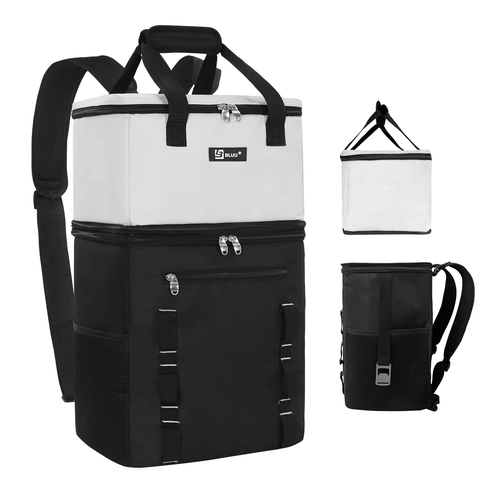 BLUU 2-in-1 Cooler Backpack & Insulated Backpack 60 Cans, Double Decker Large Lunch Bag for Men Women, 60 Cans Waterproof & Leakproof Soft Coolers for Camping, Beach, Picnic (Black)