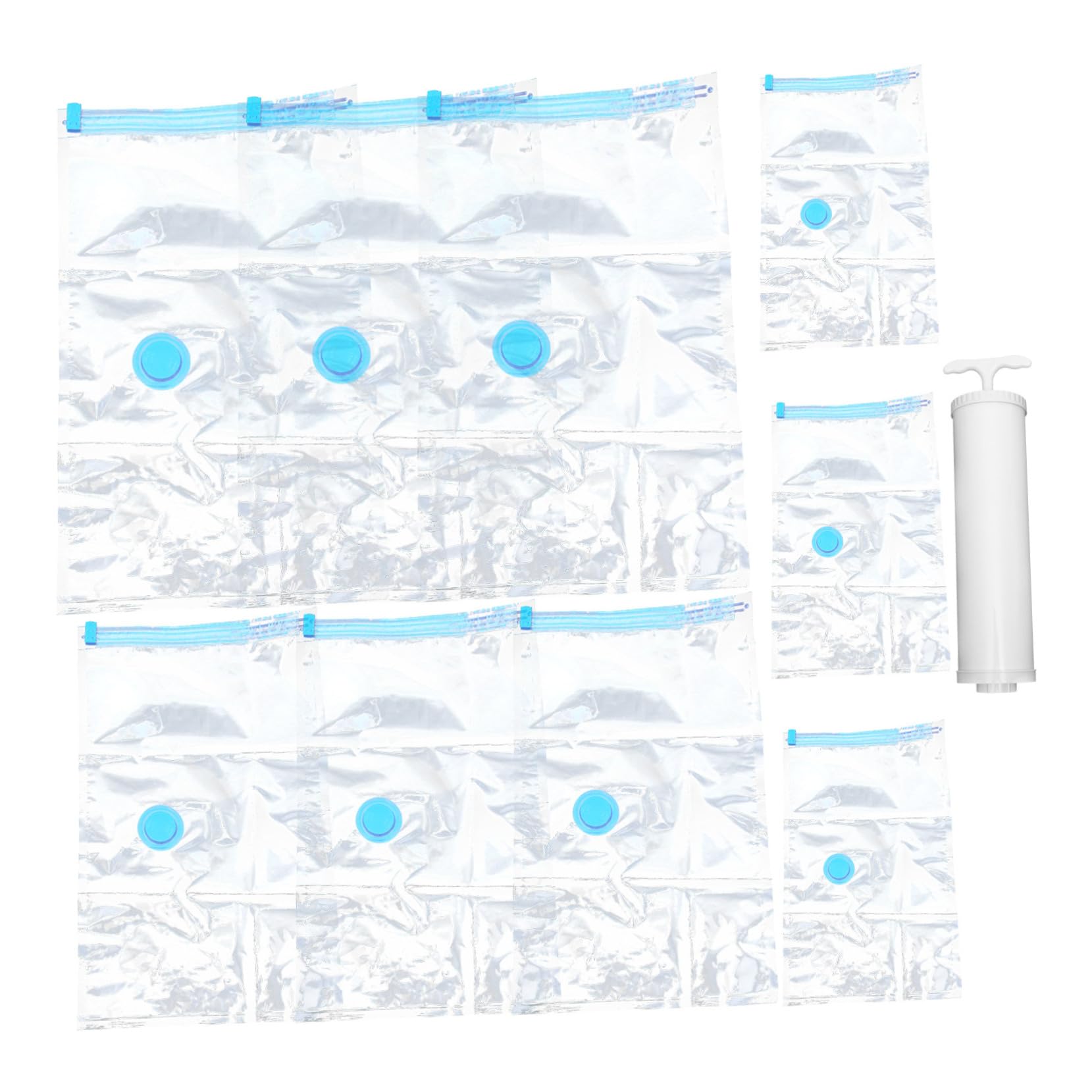 Sacchi Sottovuoto per Vestiti, 10 Pezzi, Pet Pe, Compressione | Tre Formati 30x50, 50x70, 70x100 Cm, Pompa Manuale Bianca Inclusa, Uso in Casa