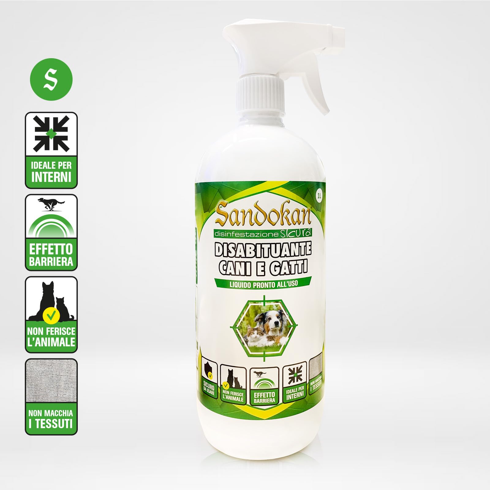 Sandokan, Disabituante Cani e Gatti Spray 1L, Repellente per Gatti e Cani Educativo No Gas, Dissuasore per Gatti e Cani Liquido per Esterno e Interno, Non Tossico, Sicuro Per Animali, Made in Italy