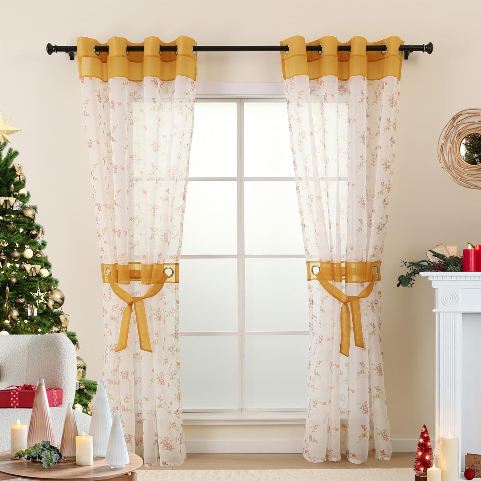 L.Z.E Floral Sheer Curtains for Living Room 96 Inches Drop 2 Panels Set