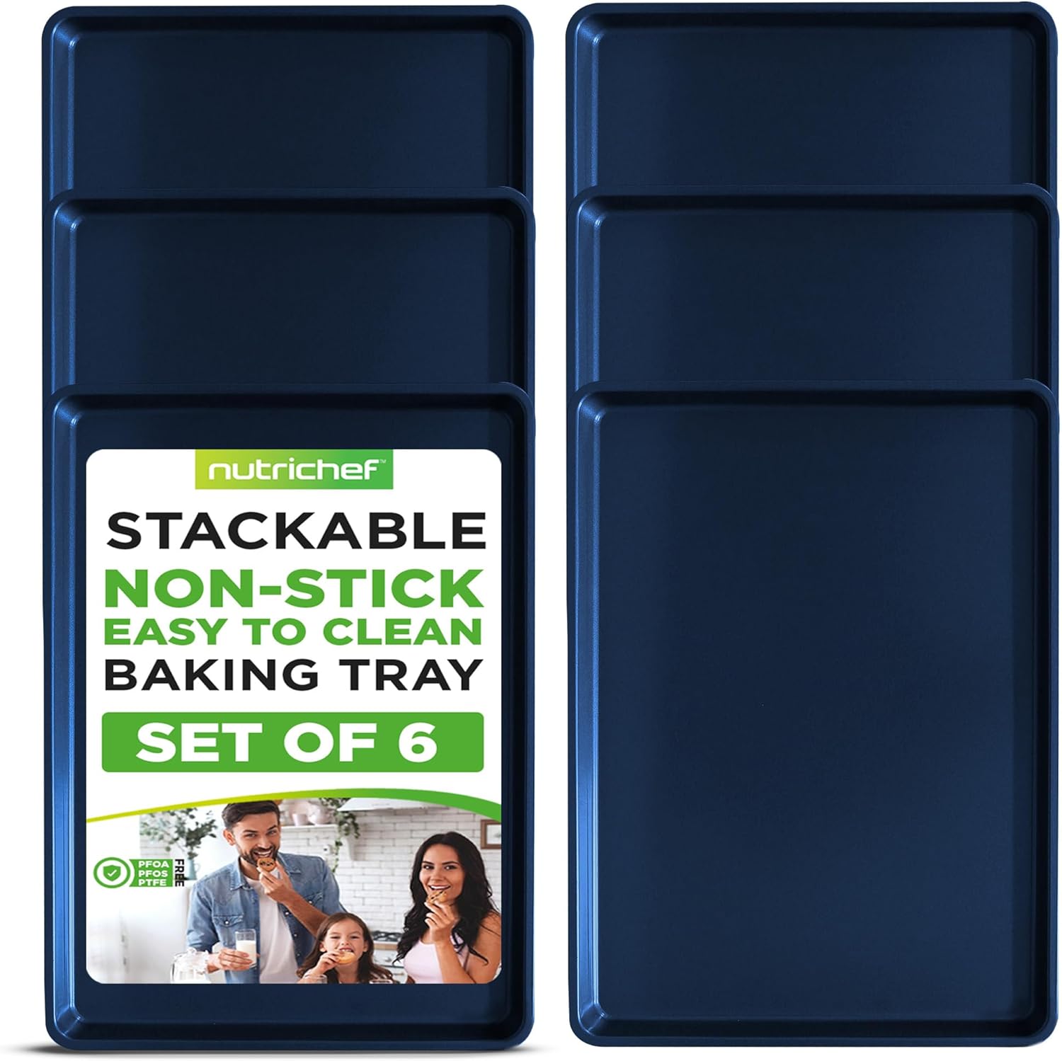 NutriChef Non-Stick XL Cookie Sheet Set, 6-Pack Premium Extra Large Carbon Steel Baking Trays for Cookies, Jelly Rolls, Pastries and More - Blue Diamond, 22" x 16"