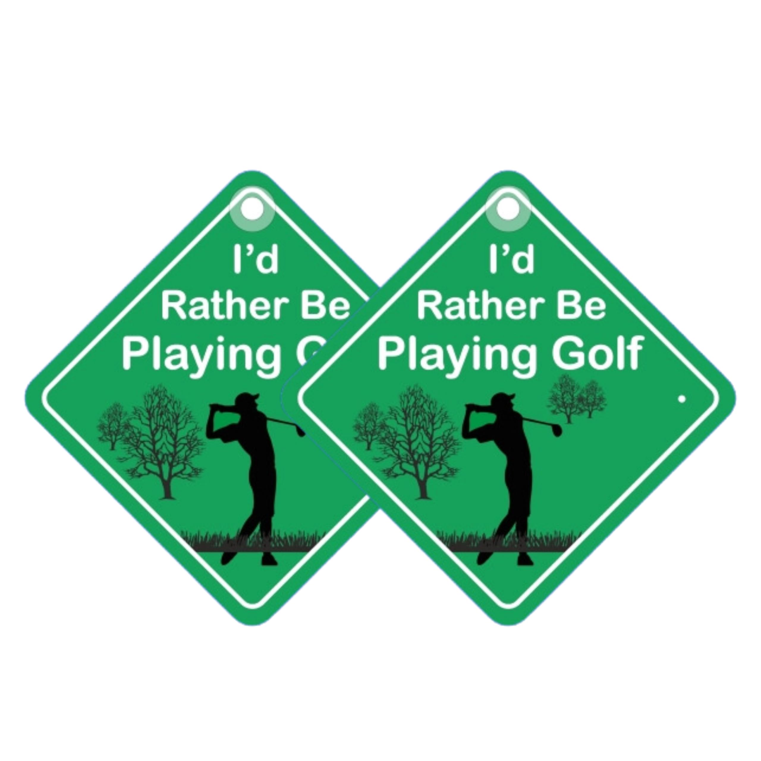 Tek Automotive Men's Green, Black, White I’d Rather Be Playing Golf Car Sign – Funny Car Accessories, Twin Pack, High Visibility, 14X14cm, Screen Printed Vinyl With Window Sucker – Perfect Golf Gifts For Him, Fun Car Accessory