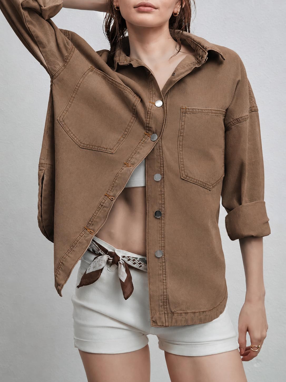 LifeShe Women Denim Shirt Jean Jacket Oversize Button Down Shirt Long Sleeve Jean Tops Trendy Shackets