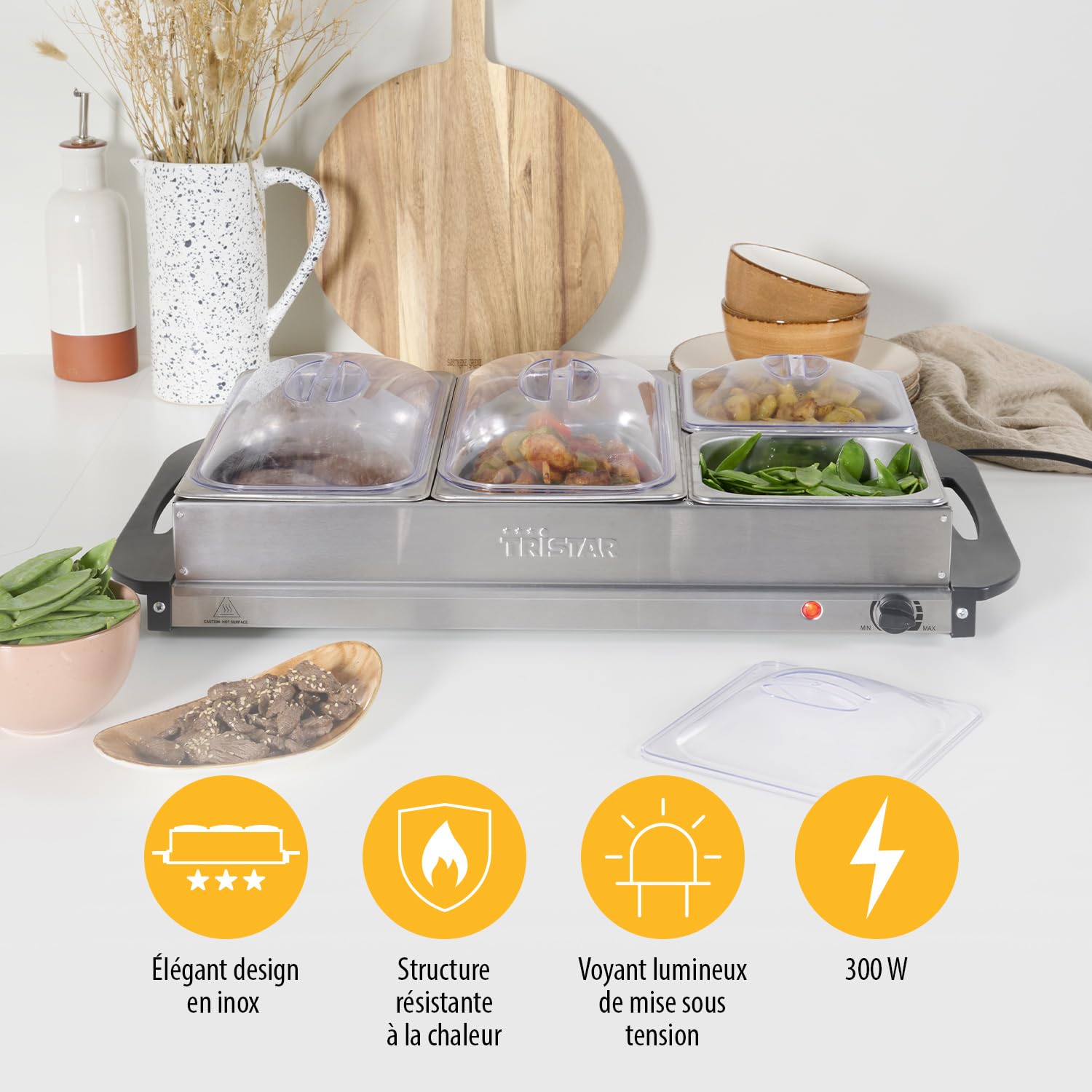 Tristar Serveur de buffet – 2 x 2,4 L + 2 x 1 L – Fonction maintien au chaud – plaque chauffante avec thermostat – 4 bols en inox et de couvercles en plastique – BP-6285
