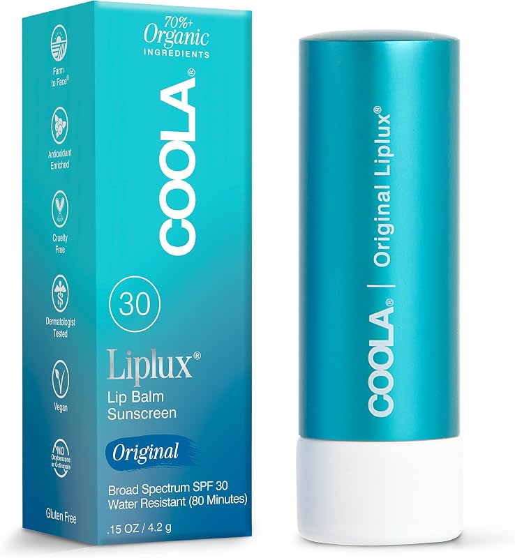 COOLA Liplux SPF 30, Organic Lip Balm Sunscreen, 0.15 oz | Clear, Water Resistant, Dermatologist Tested, Hydrating Broad Spectrum Protection, Vegan, Cruelty Free, Naturally Flavored
