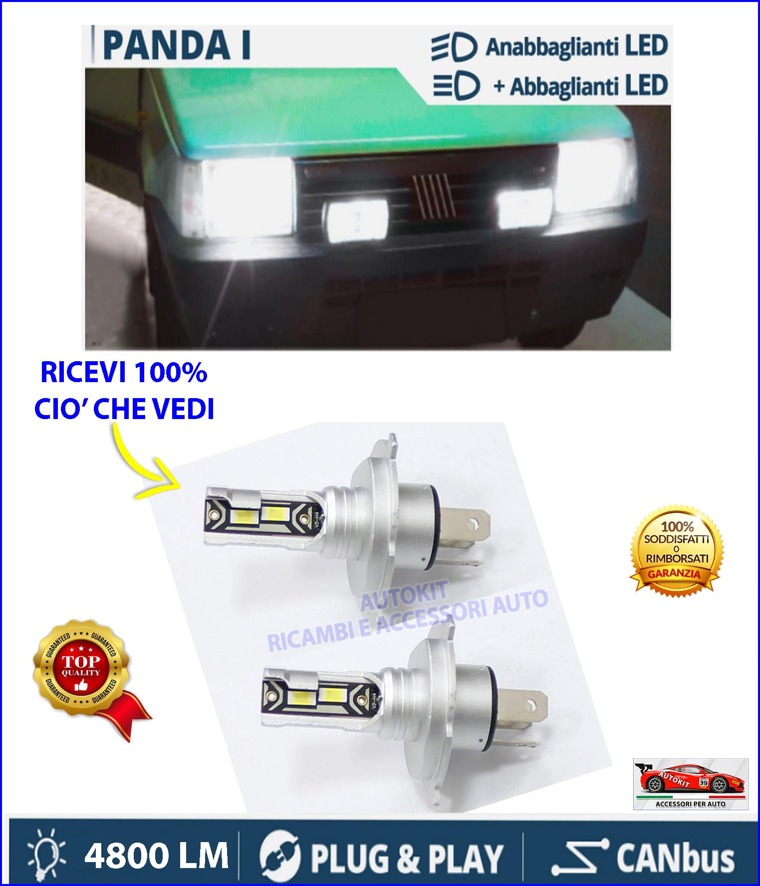 Kit Full LED H4 BILUCE COMPATIBILE con FIAT PANDA tutti i modelli prodotte dal 1986 in poi Luci ANABBAGLANTI + ABBAGLIANTI CANbus 6500K - 4800 LUMEN - LED F35 H4