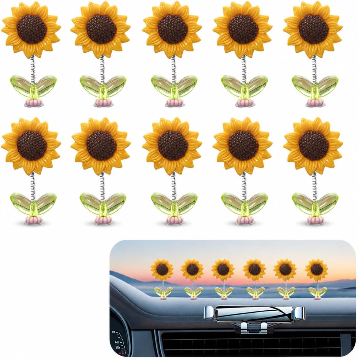 10 PCS Sunflower Car Dashboard Decoration, Cute Shaking Flower Car Ornament, Self-Adhesive Mini Sunflower Dash Daily Decor Accessory, Universal for Most Cars, SUVs (Yellow)