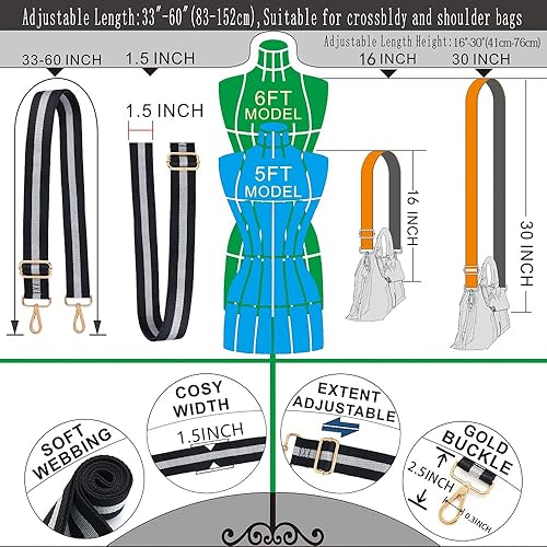 Miniatura 129 de Kolti Correa de repuesto para bolso, bolso cruzado a rayas anchas ajustables Hebilla de oro-04