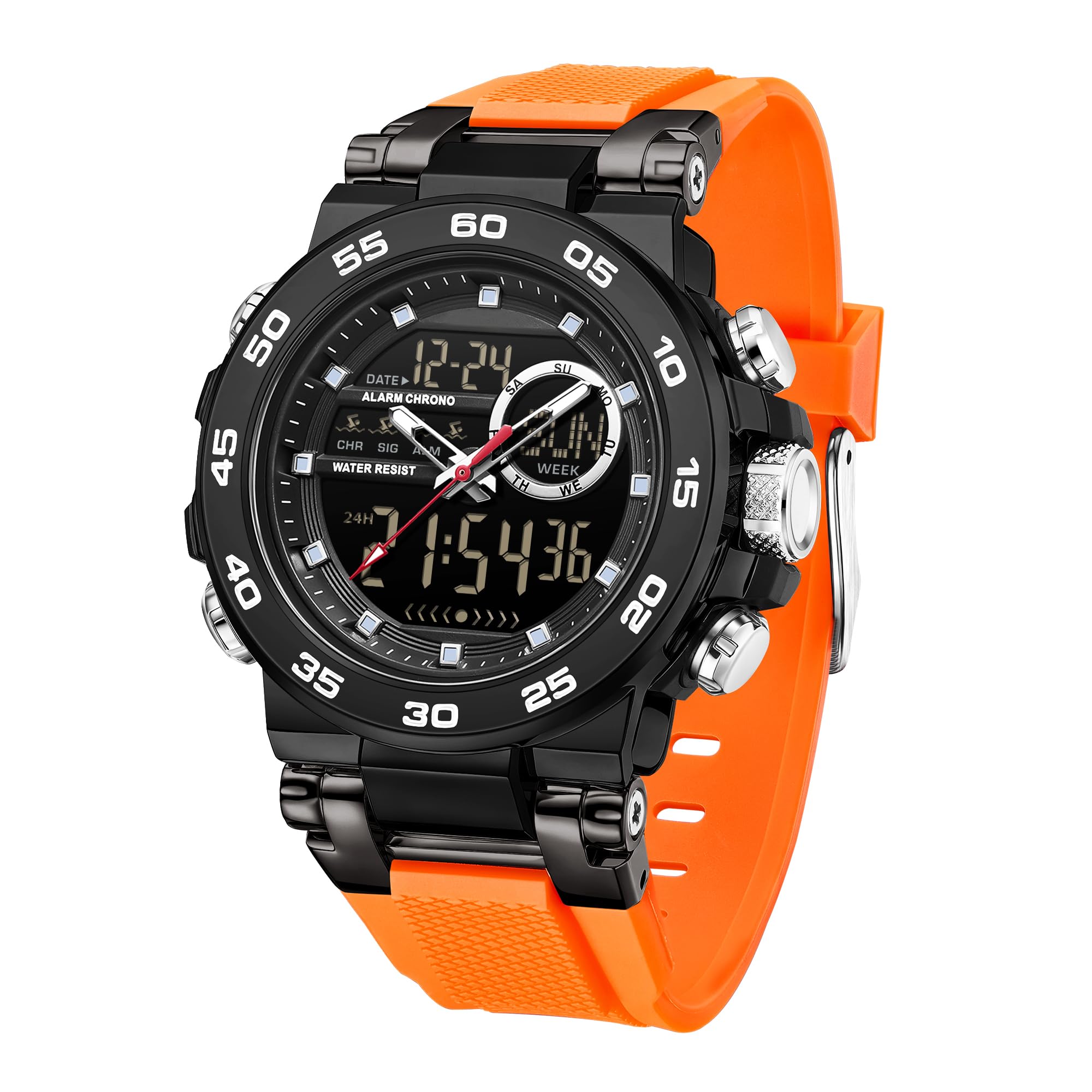 findtime Reloj digital táctico militar para hombre, resistente al agua, 5 ATM, reloj analógico con retroiluminación LED de 12/24 horas, alarma, cronómetro, timbre cada hora