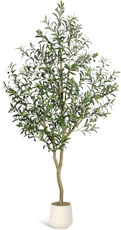 Olive Trees Artificial Indoor, 7ft Tall Faux Silk Plant - Fake Potted Tree with White Planter, Artificial Plants with Natural Wood Trunk and Lifelike Fruits for Home Office Decor, 1 Pack